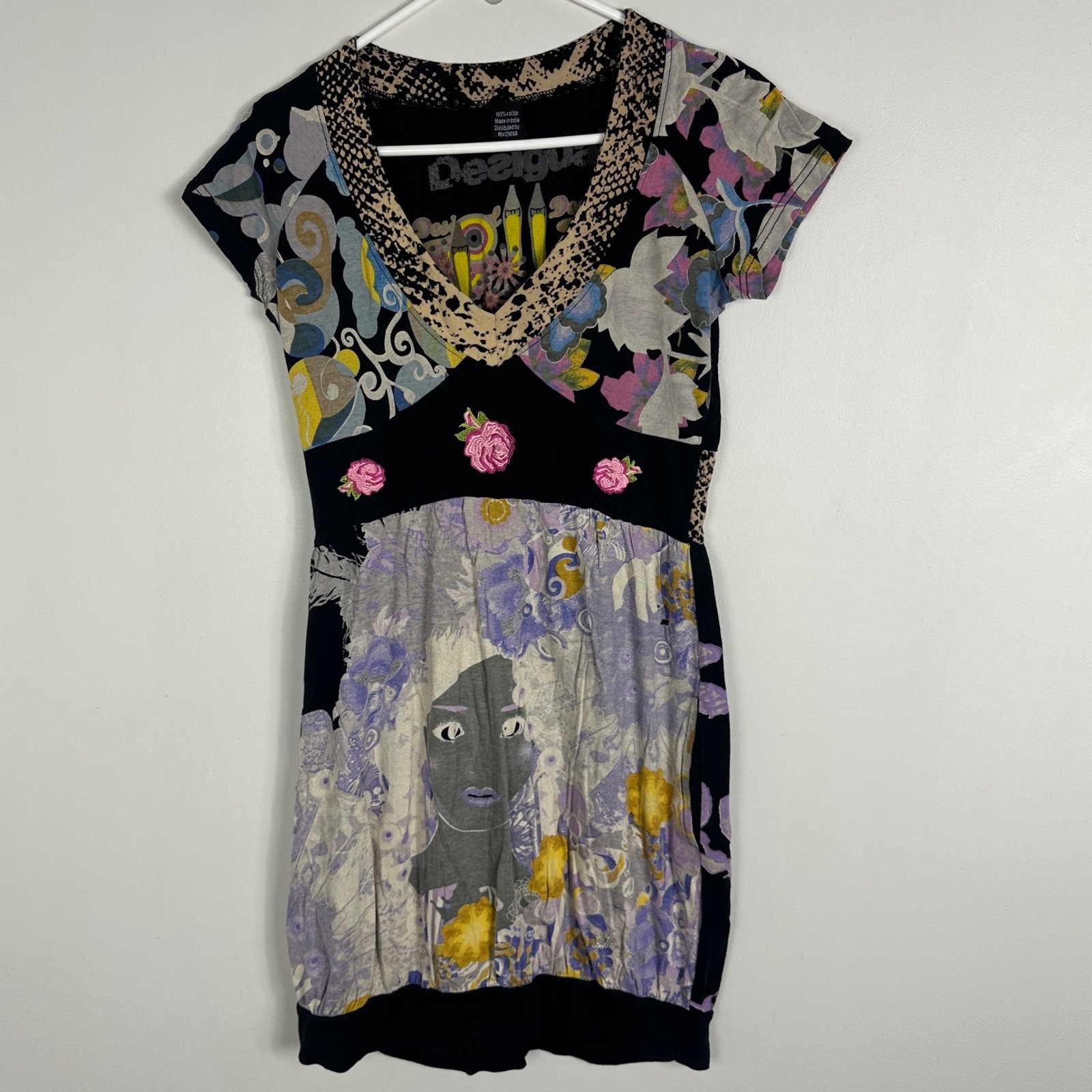 Desigual Y2K Floral Mini Dress Womens Size Large Pockets V-Neck Art Deco 11V2110