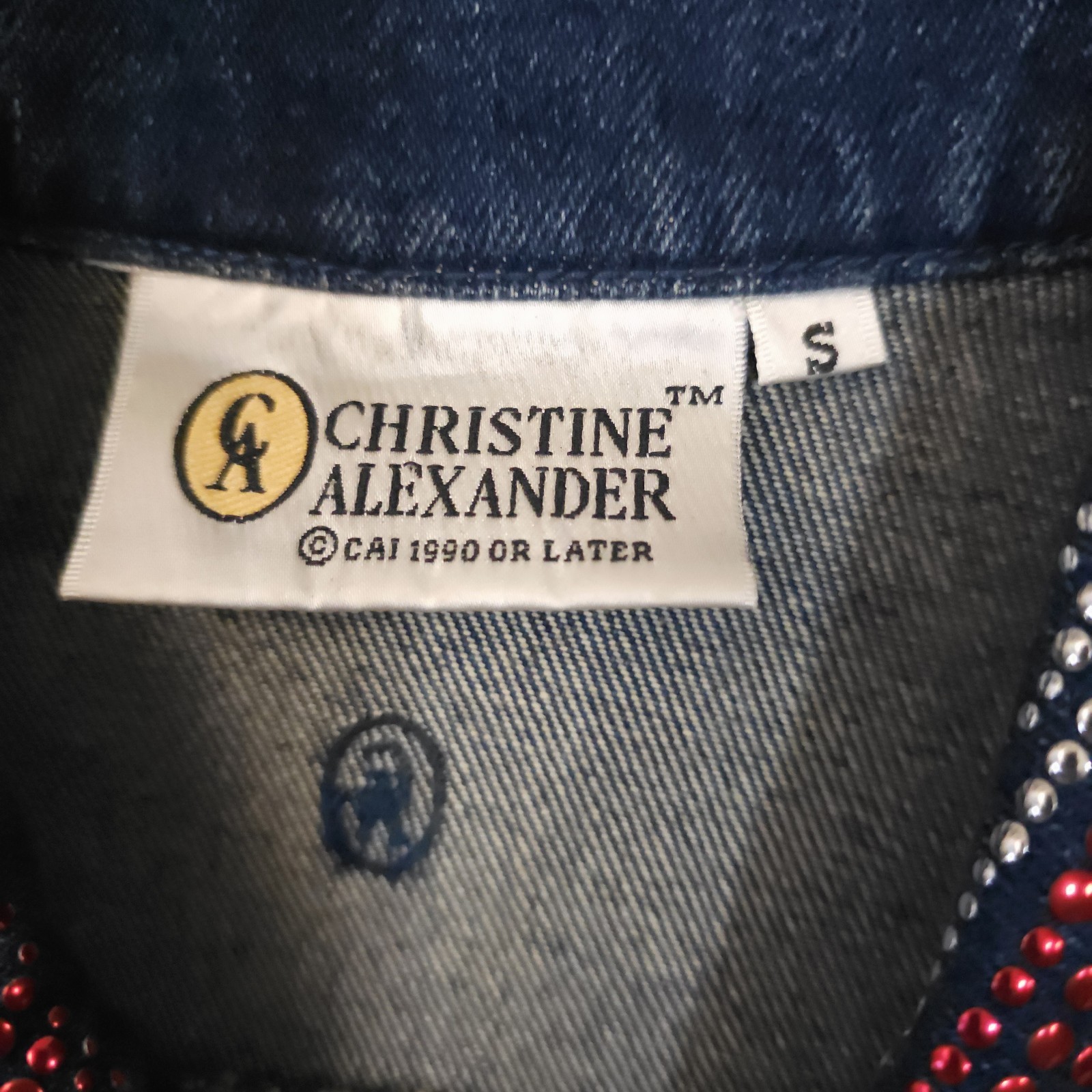 Vintage 90s Heritage Denim Rhinestone American Flag Jacket Christine Alexander S