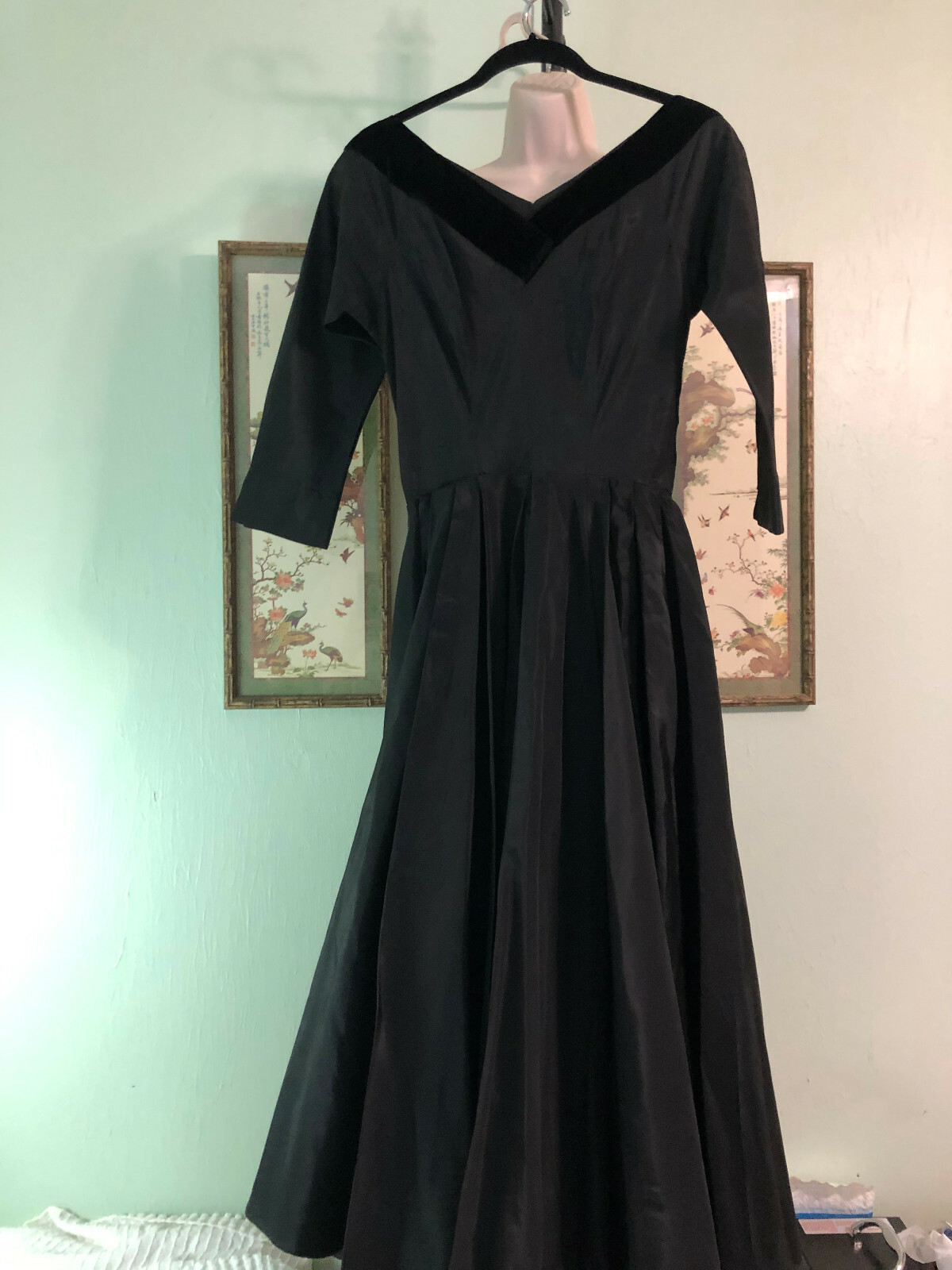 True Vintage Taffeta Dress Velvet Neckline Red Crinoline Authentic Sandra Sage