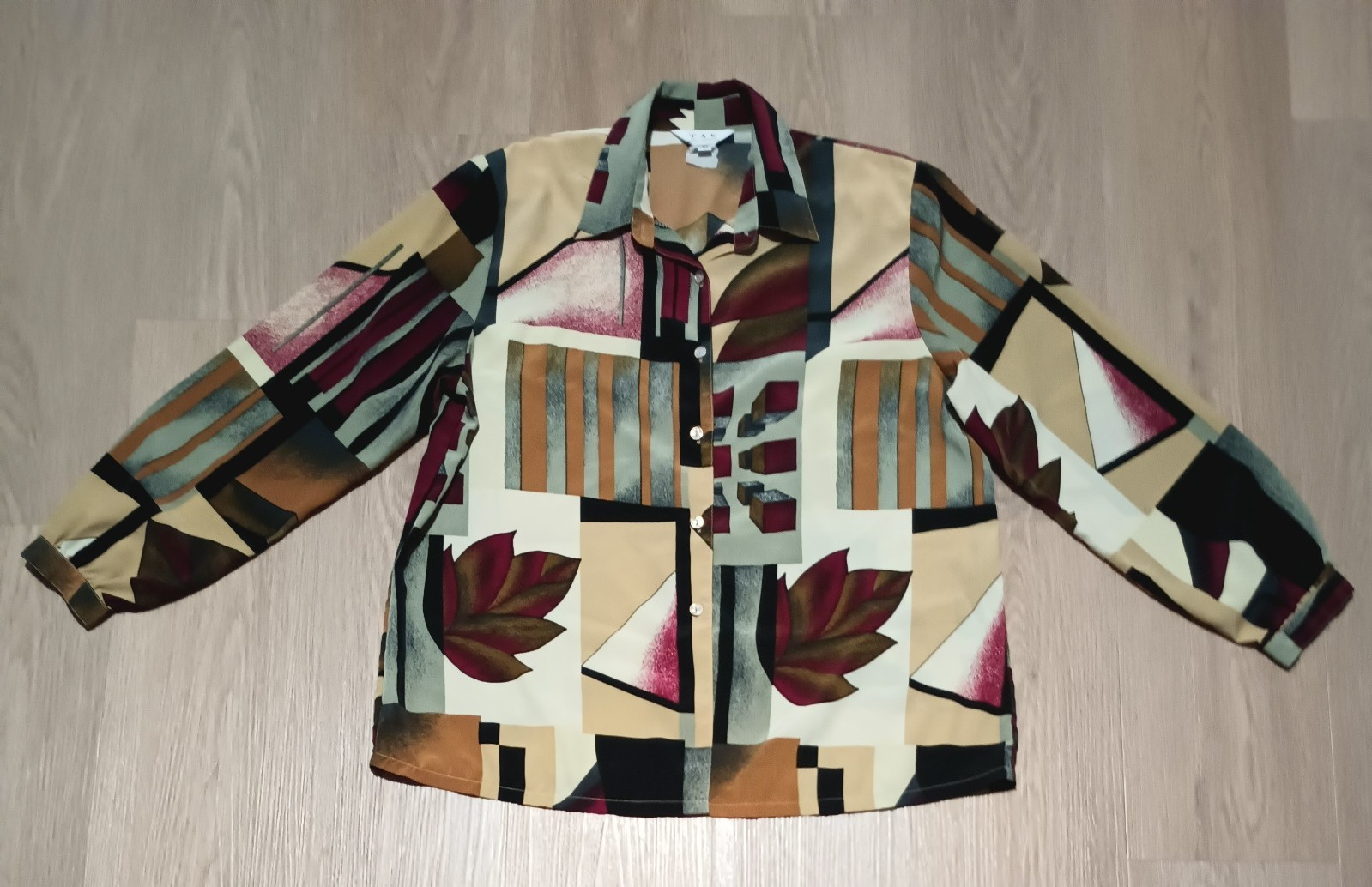 Vtg 80s Geometric Patchwork Print Kitsch New Wave Statement Button Up Top XL