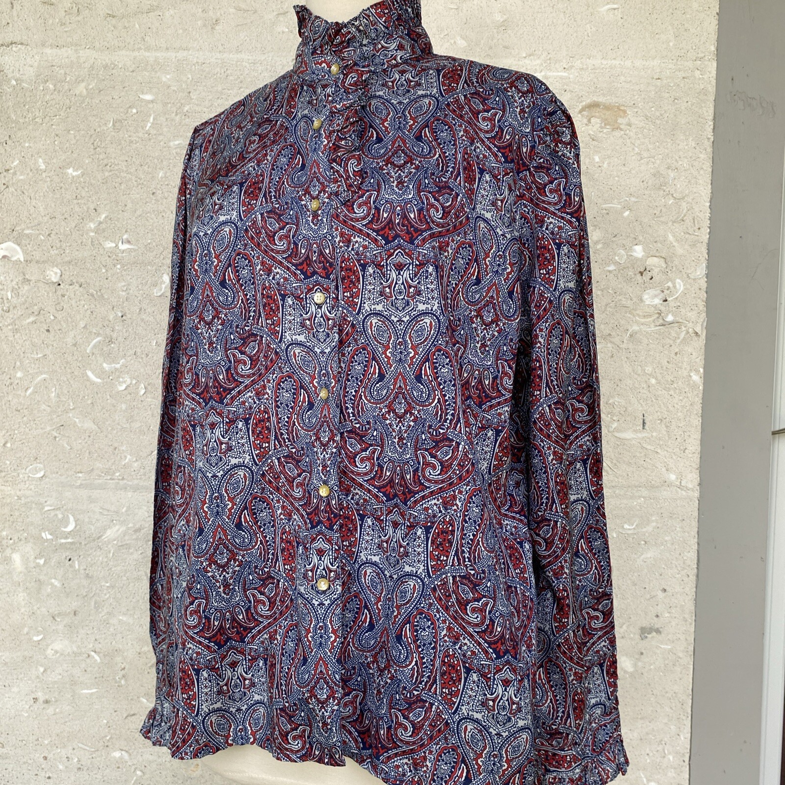 Vintage Secretary Blouse Shirt Large Red White Blue Paisley Ruffle Neck 70s 80s