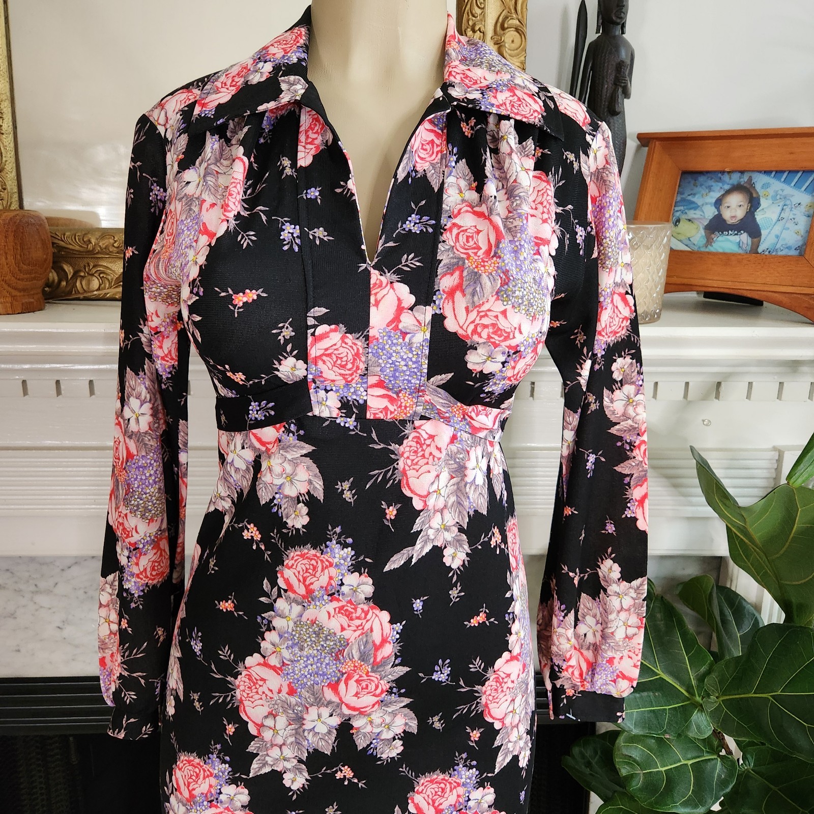 Vintage 70s Black Floral Dress Size S Maxi Cottagecore Stretch Empire Waist Boho