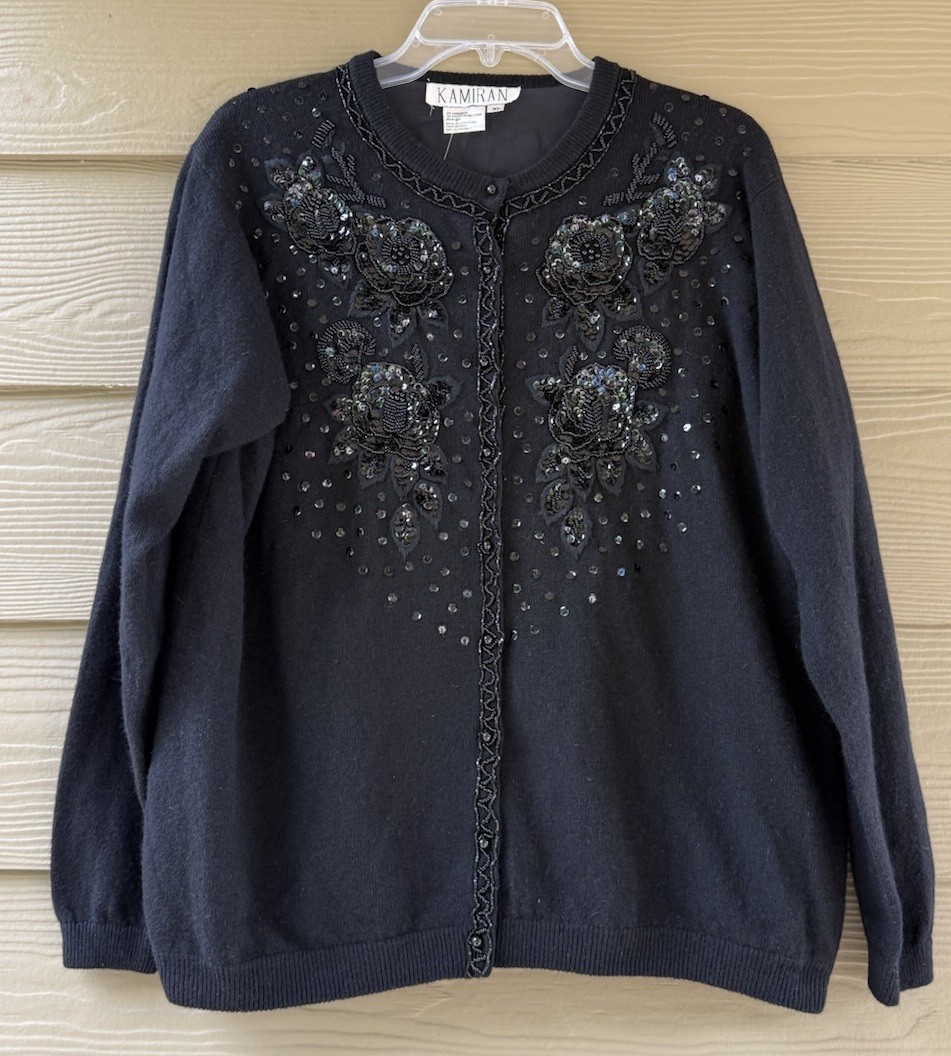 VTG 60s Black Angora Lambswool Blend Beaded Embellished Lined Sweater Cardigan