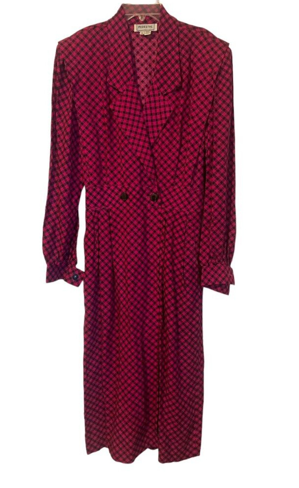 PEDESTAL Vintage Pink & Black Checkered Pleated Collared Midi Dress Size 10
