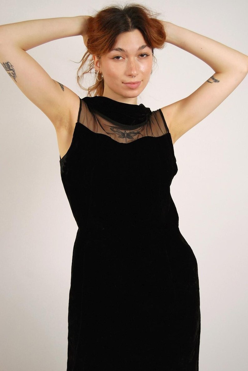 50s Velvet Dress (M) black mesh evening medium sheer cocktail basic minimalist
