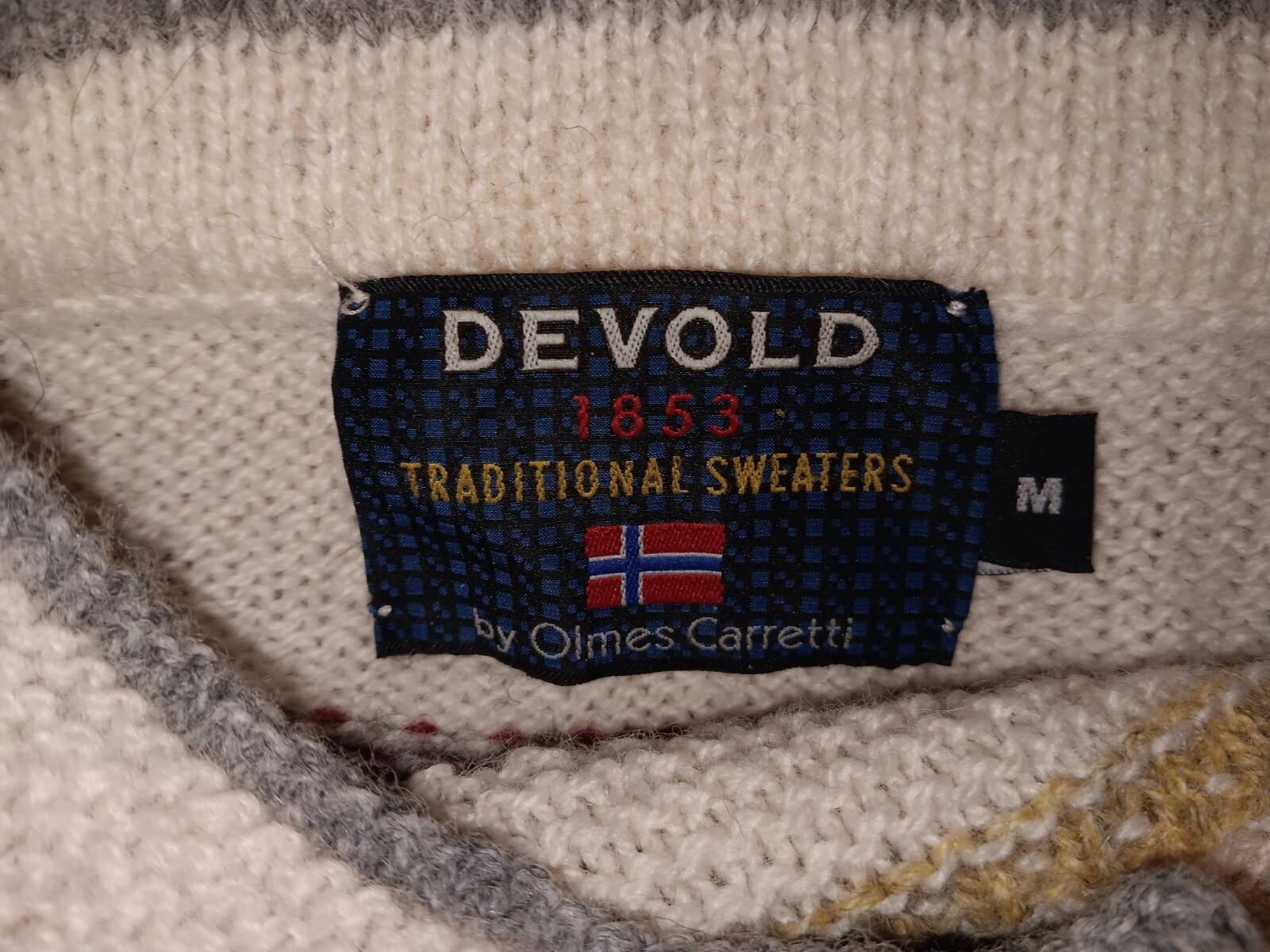 Vintage Tan Blue Dark Red Pale Green Wool Norwedgian Sweater by Devold M