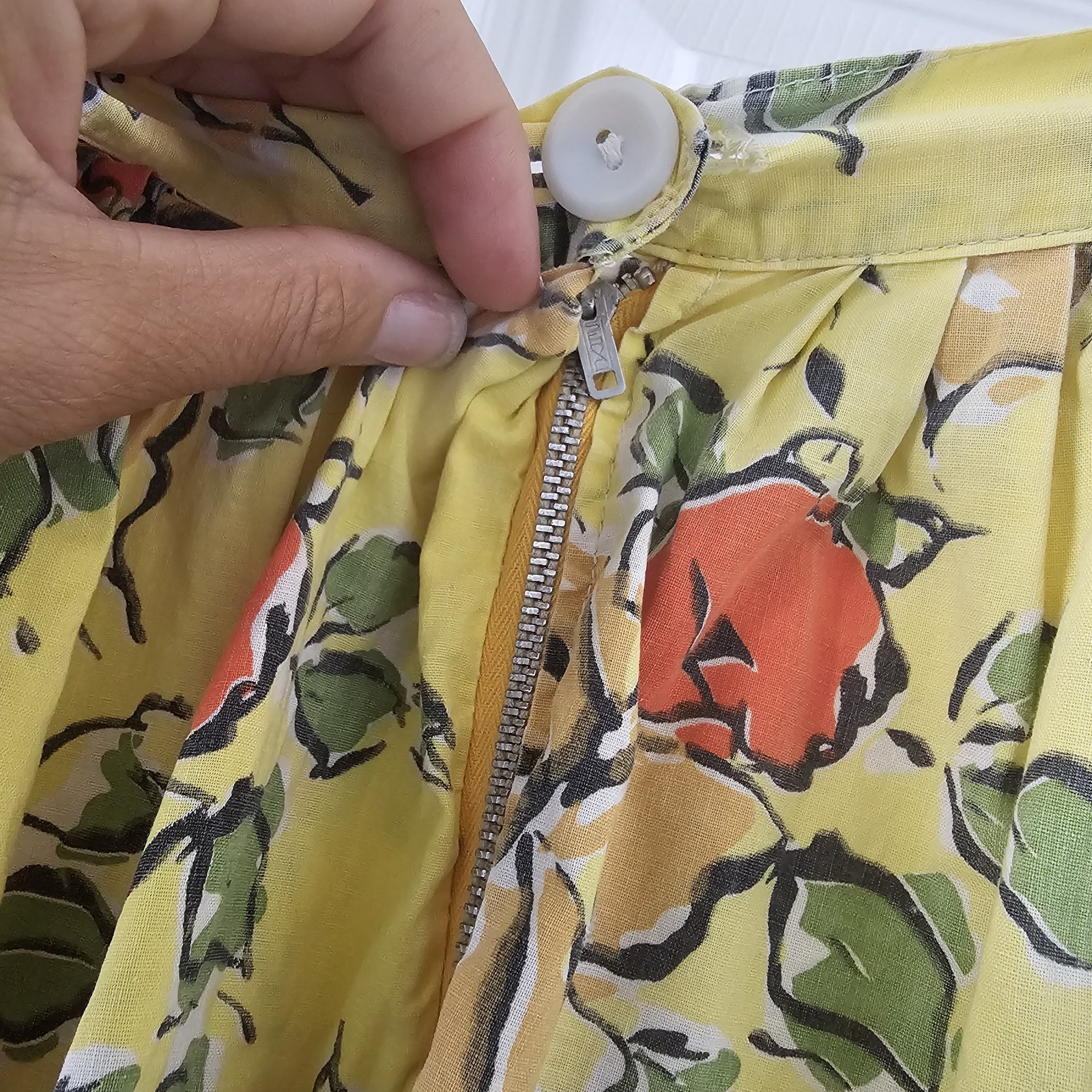1950s Vintage Novelty Floral Yellow Midi High Waist Cotton Skirt Belt Set #66