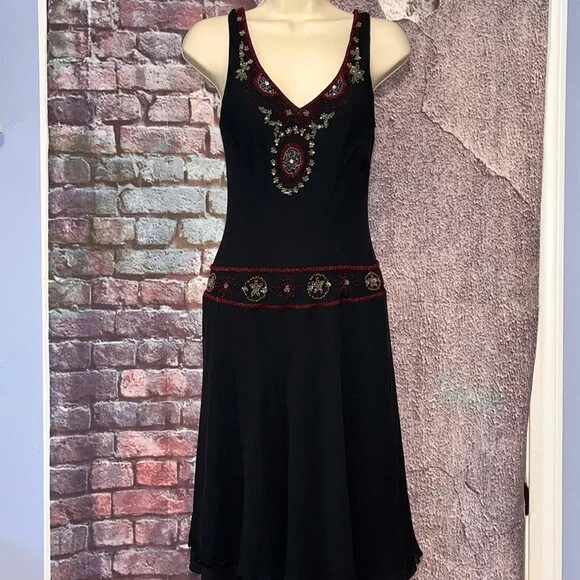 Vintage Vera Cristina Beaded Black Silk Drop Waist Dress Size 8 EUC