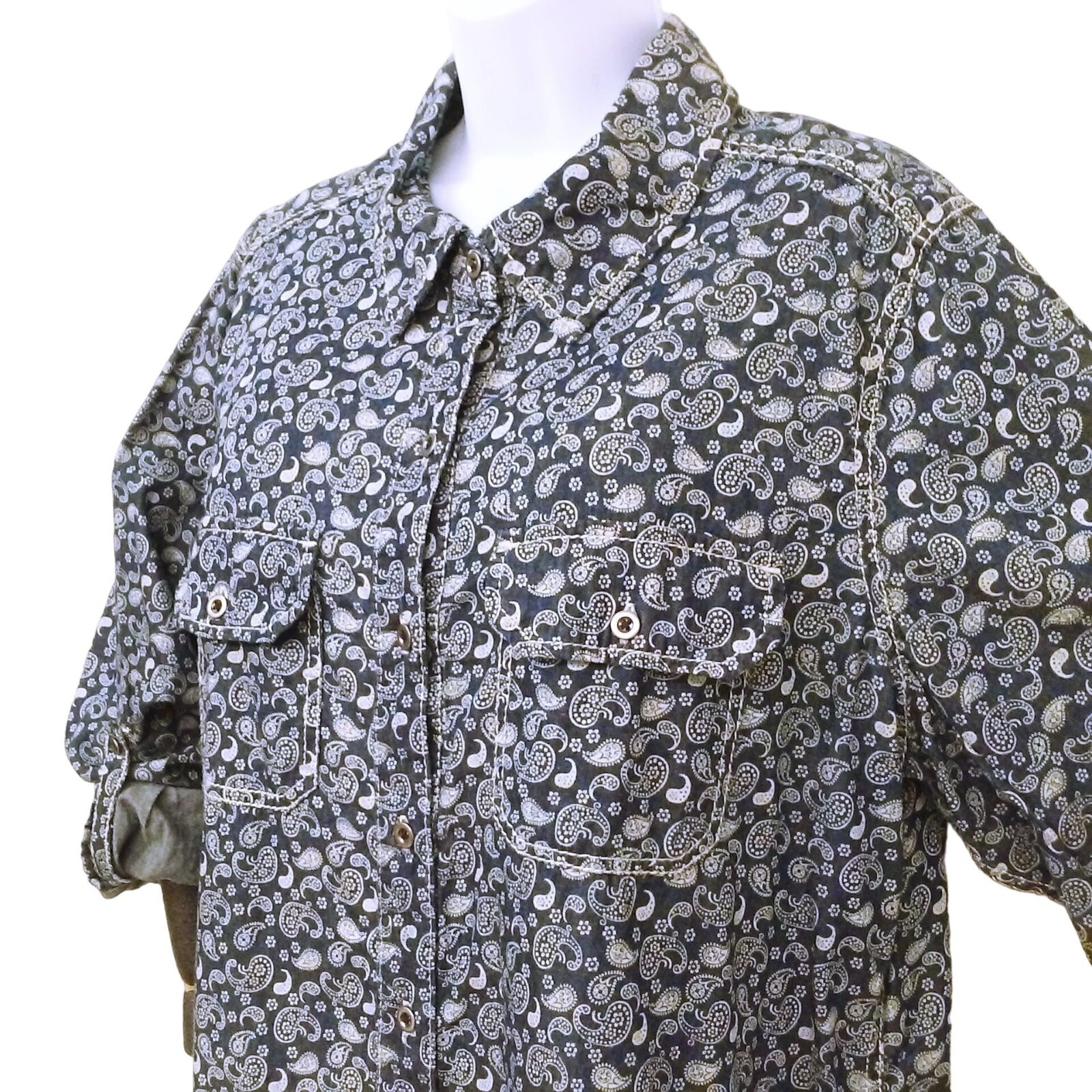 Seven7 Luxe Top Shirt Plus(18/20) Paisley Chambray Cotton Pockets Button-up Navy