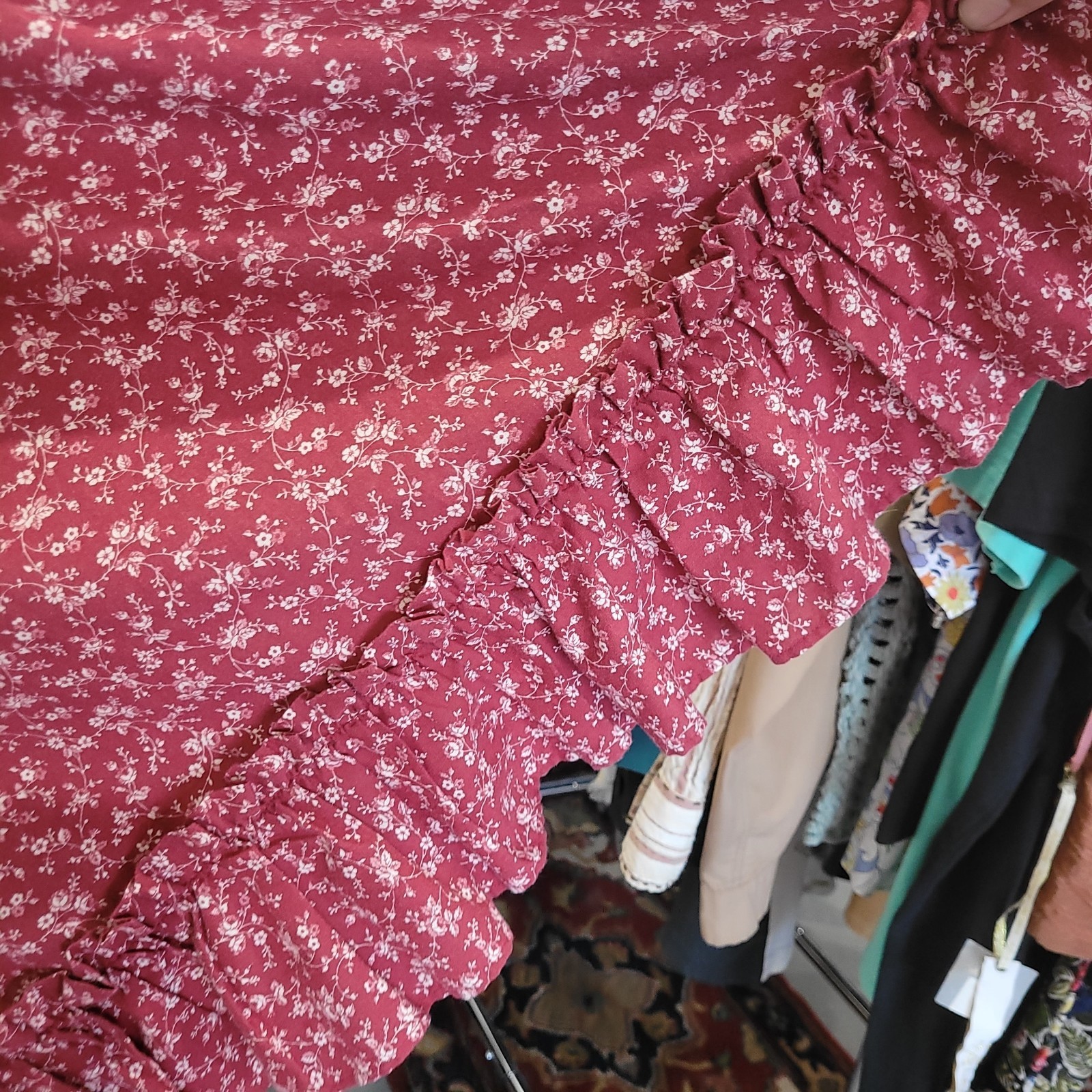 Vintage Prarie Handmade Calico Maroon Floral Dress Lace Accents Matchingt Belt