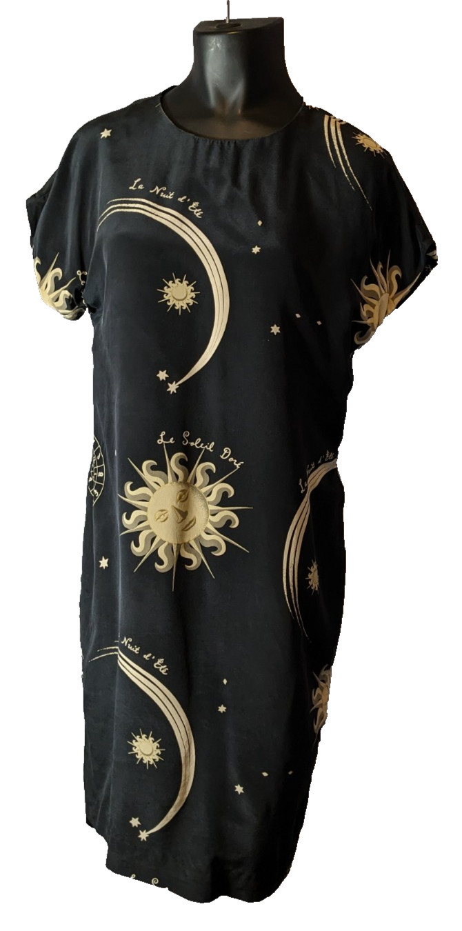 Celestial Silk Dress Jones New York. Black/Gold Sun, Moon 1990s Size 14 Sheath