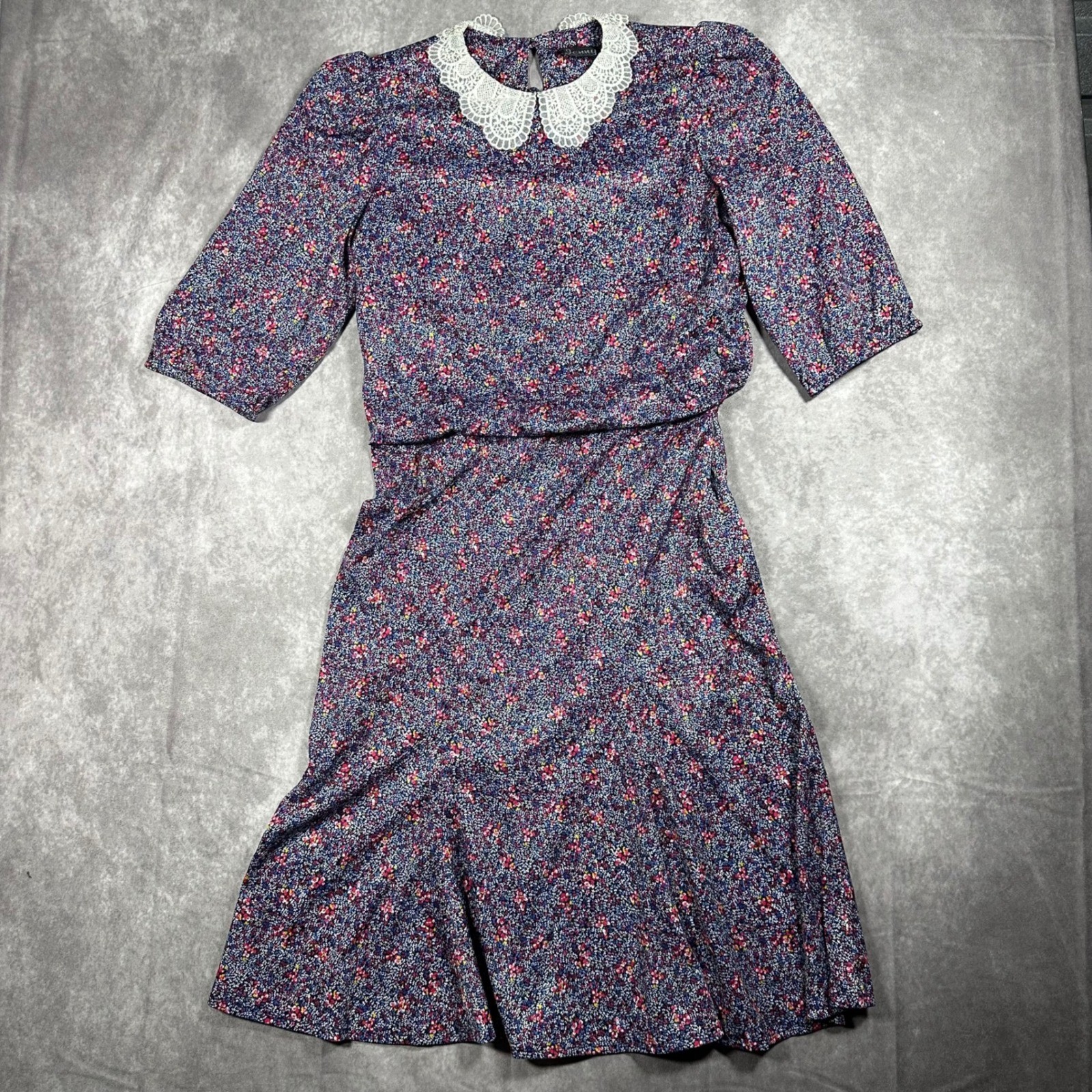 Vtg 90s Jenny Womens S Blue Pink Floral Lace Collar Midi Dress Elastic Waist USA
