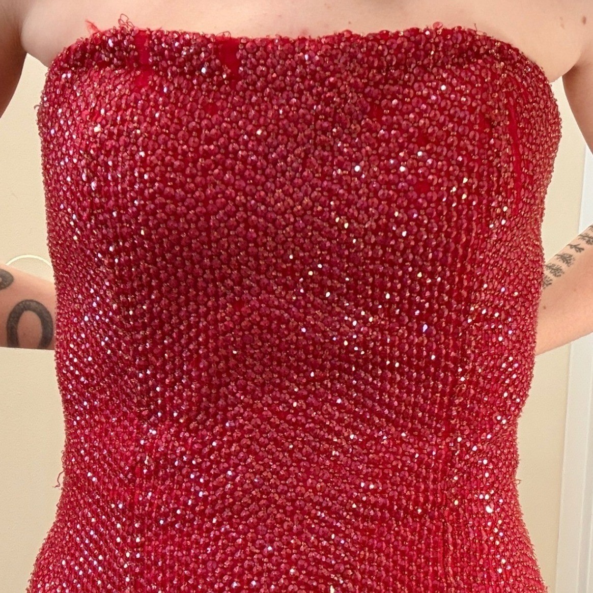 VTG Y2K Scala Red Beaded Silk Strapless Maxi Gown Slit Prom Sz M Jessica Rabbit