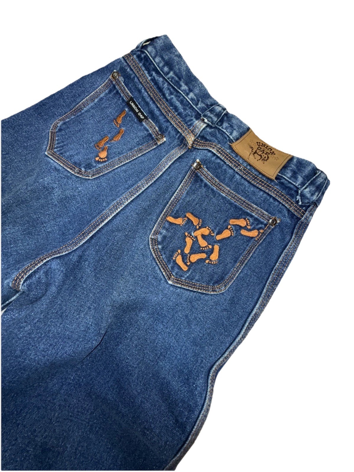 Vintage 70s Union Gap Wide Leg Jeans Footprint Stitching Embroidered 26×30