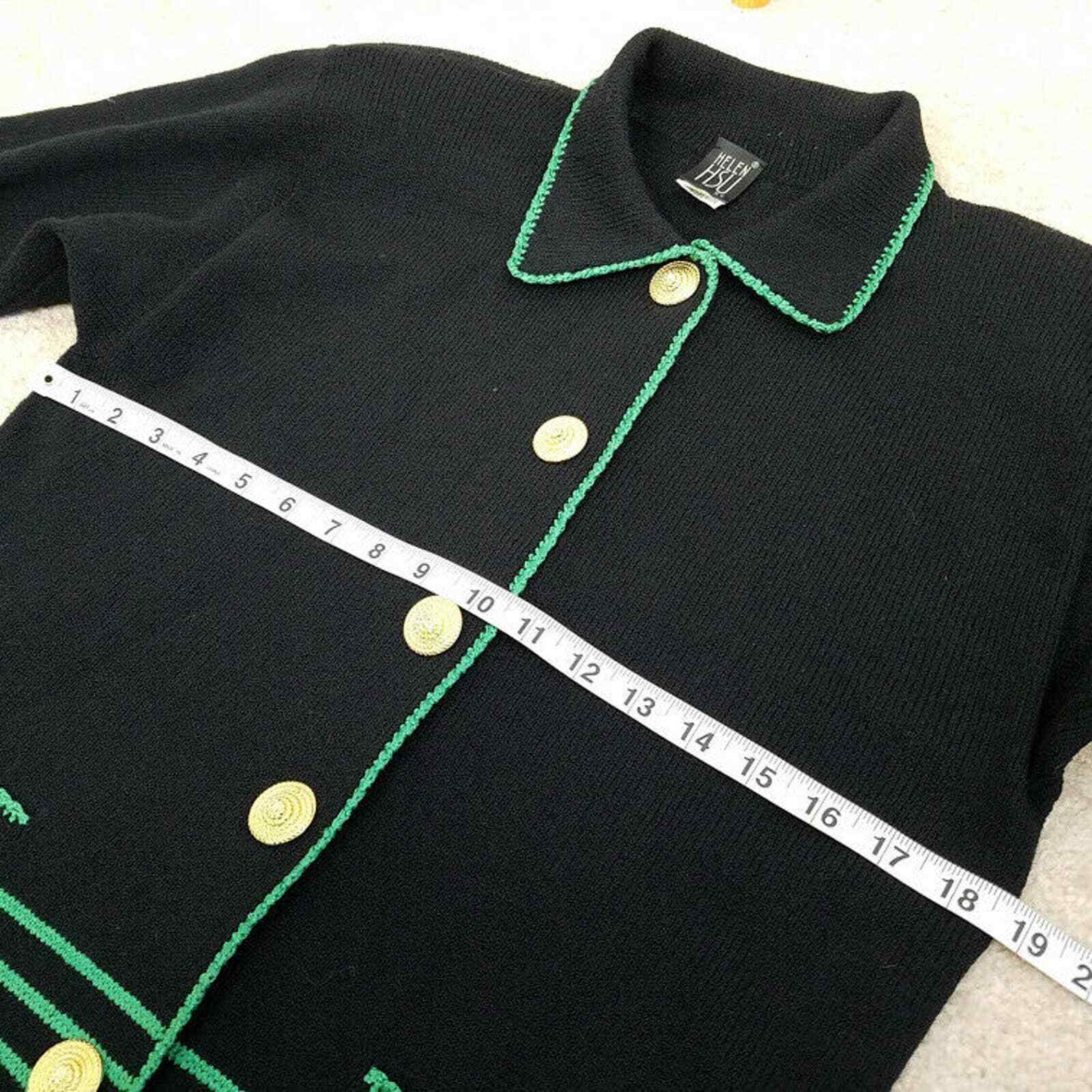 Helen Hsu Cardigan Sweater Santana Knit Black Green XS Vintage 90s Gold Buttons