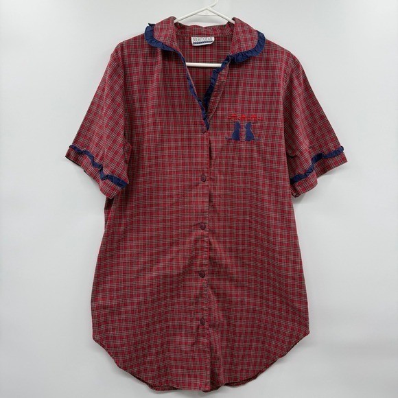 Vtg nightgear sleep wear plaid Shirt Nightgown embroidered cat & mouse