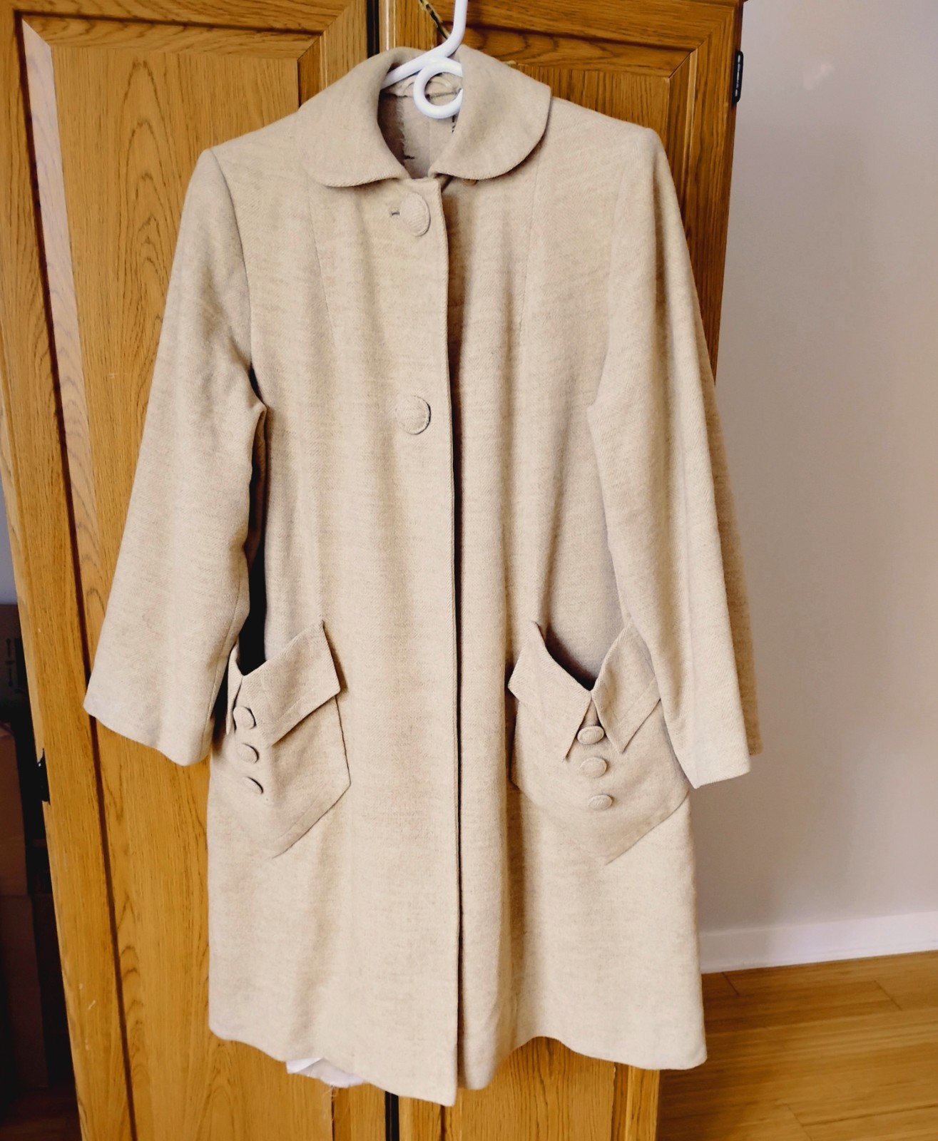 Vintage 1950s Mohair, Cashmere & Wool Beige Herringbone Swing Coat: Petite small