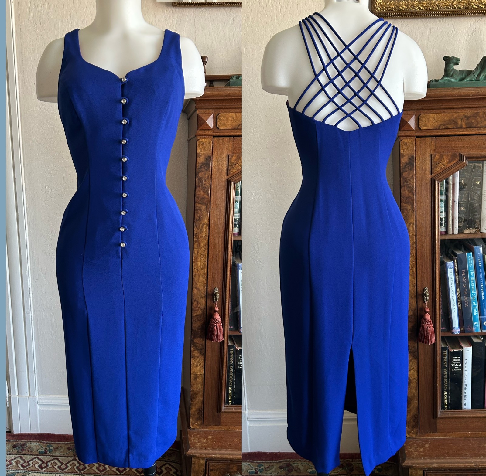 Vintage 1990s CDC Petite Blue Button Up Strappy Midi Wiggle Dress Sweetheart 6P
