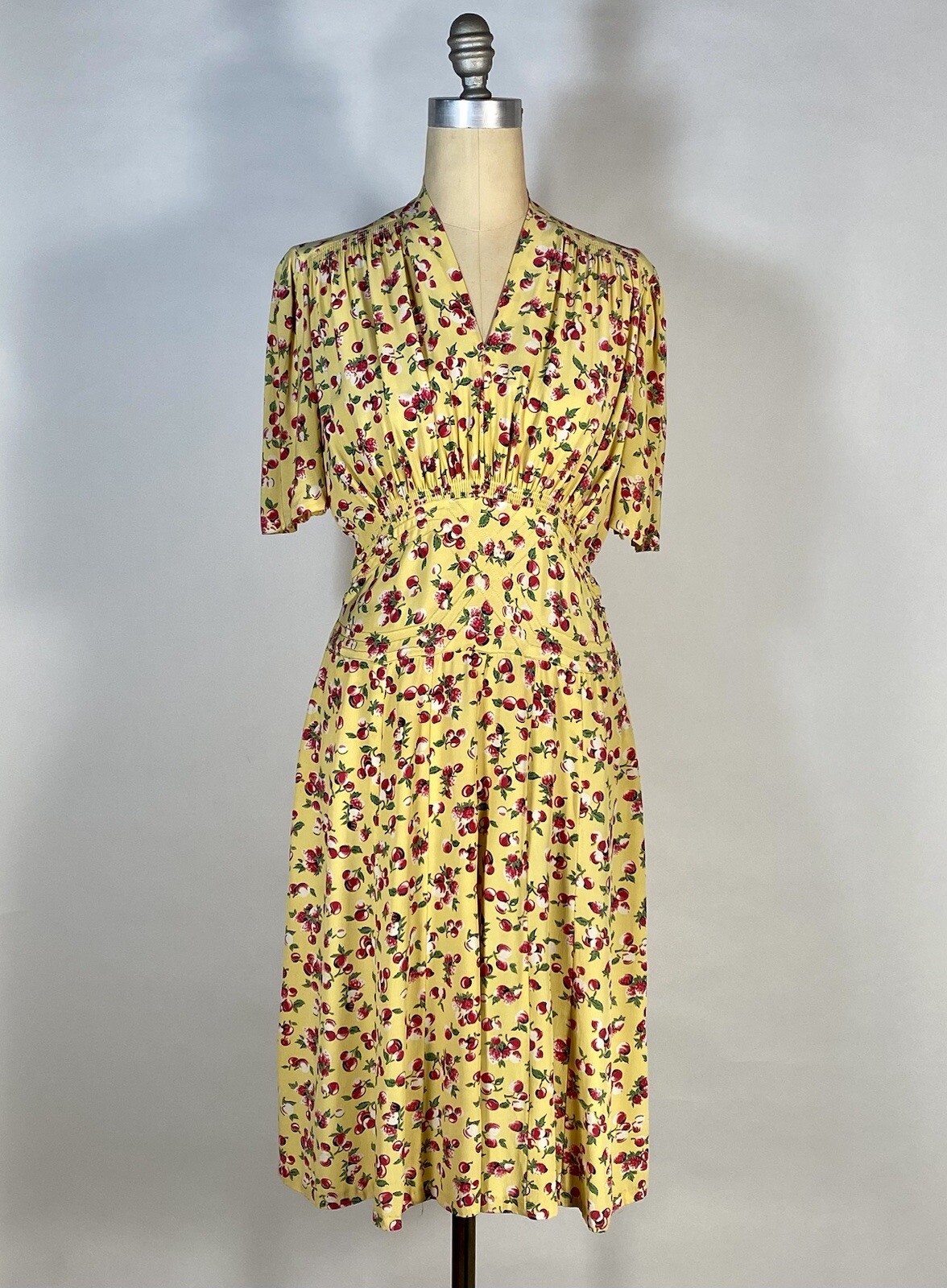 Vintage late 1930’s – 1940’s yellow rayon BERRIES & CHERRIES print swishy dress