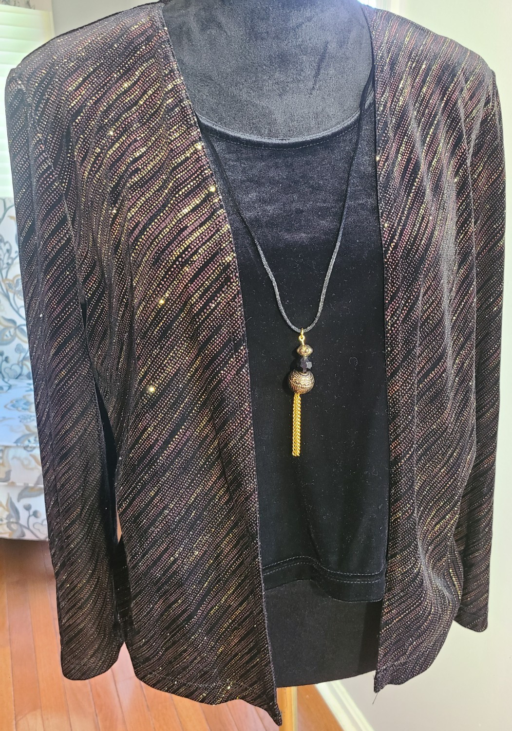 VTG Karin Stevens Glitter Disco Jacket W/ Velvet Top & Necklace Sz 6P 80’s 90s