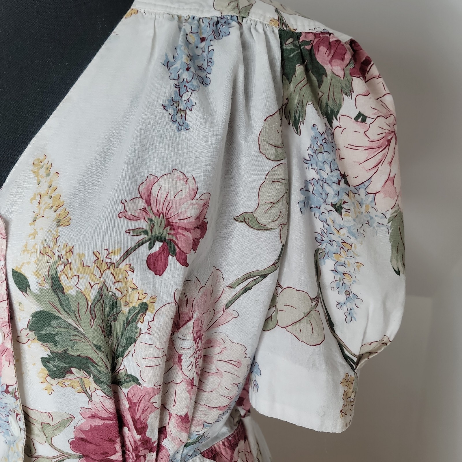 Vtg 80s Cottagecore Floral Maxi Dress 12 14 Cotton Puff Sleeve Button Front USA