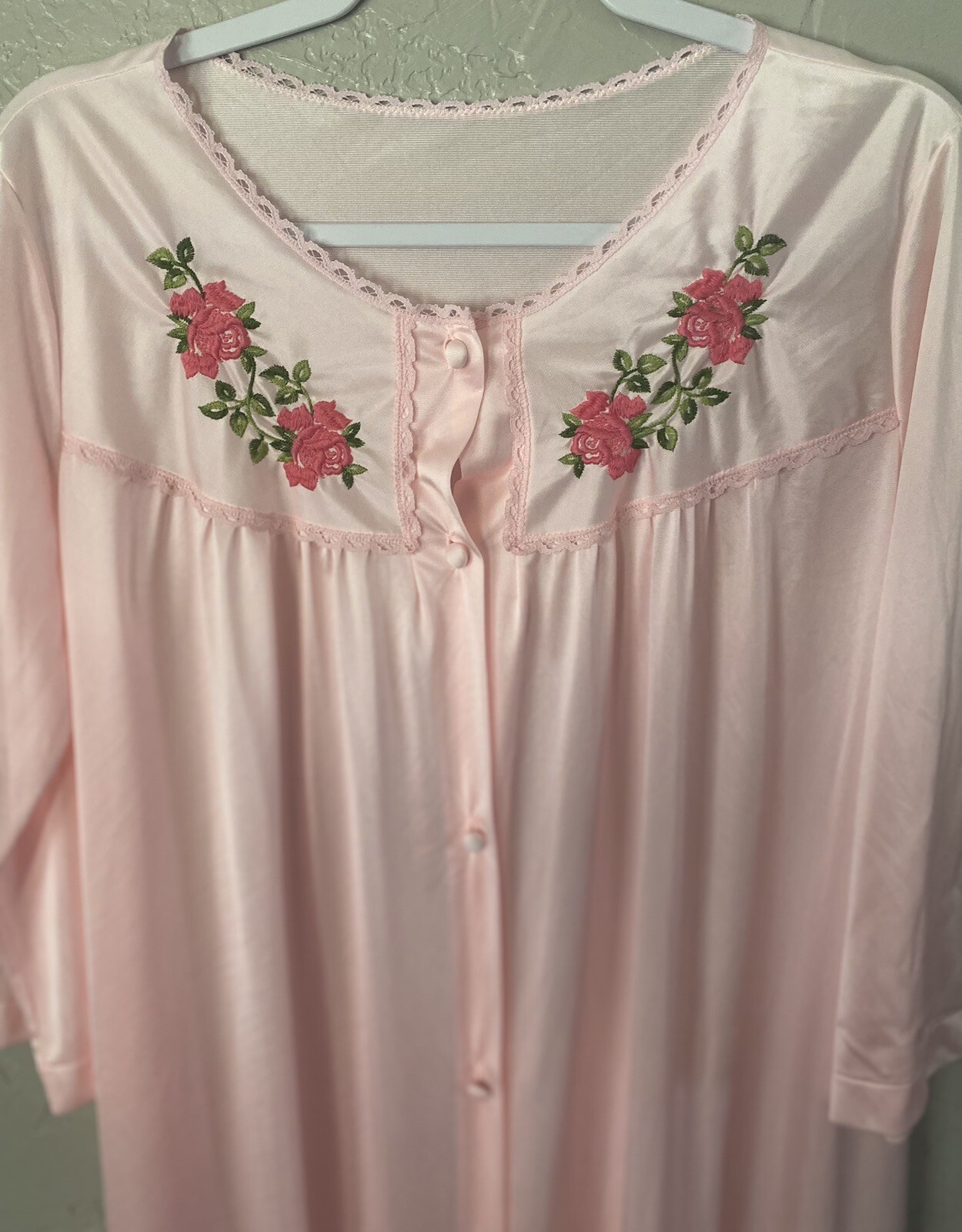 Vintage Lorraine Nightgown Size Large PINK ICE Floral Embroidered Silky Sleep
