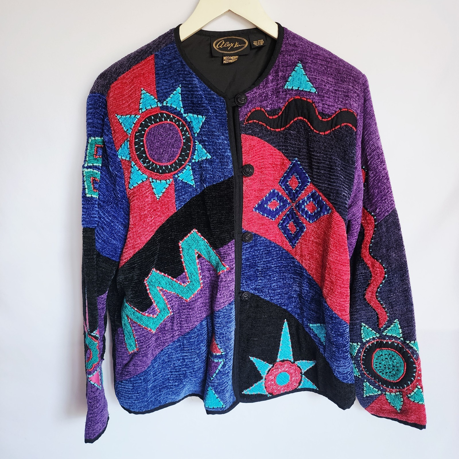 Alex Kim Vintage Jacket Medium Rayon Art To Wear Abstract Sun Boho Artsy 80s 90s