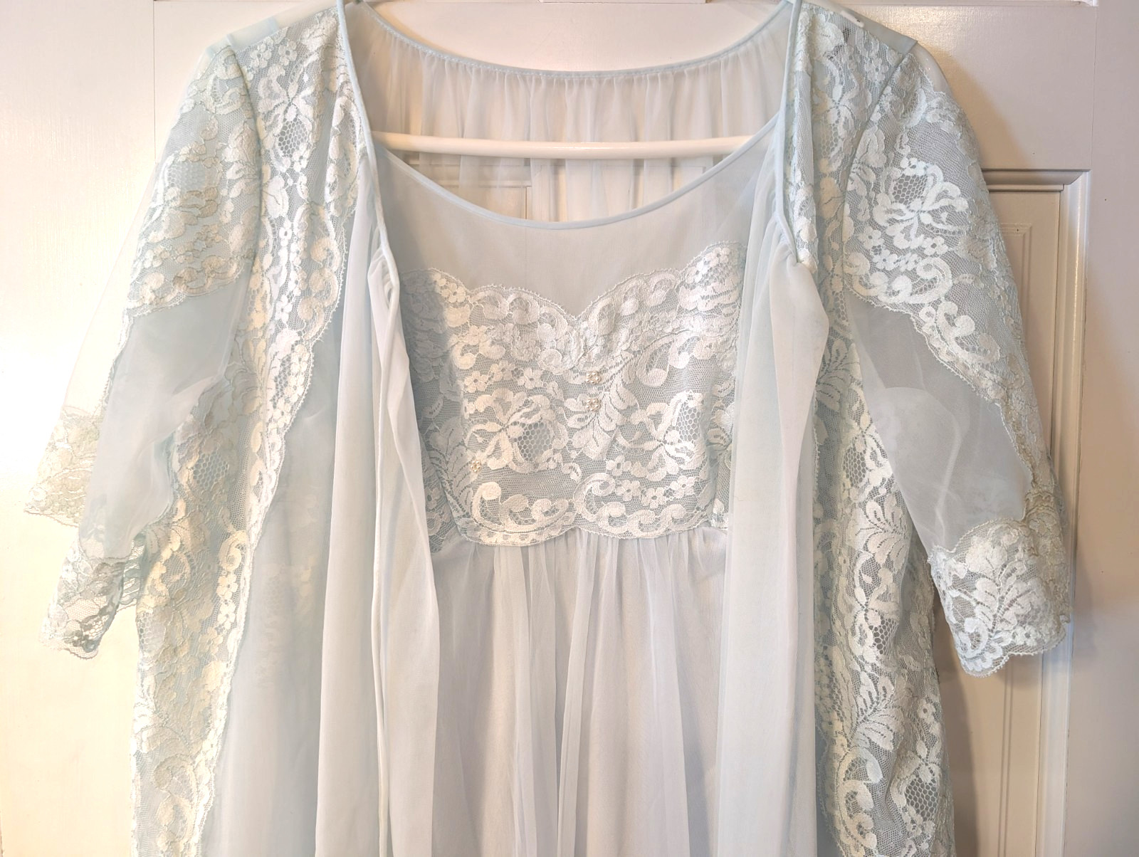 Vintage Shadowline Peignoir Nightgown Robe Set Women’s Lt Blue Chiffon Long