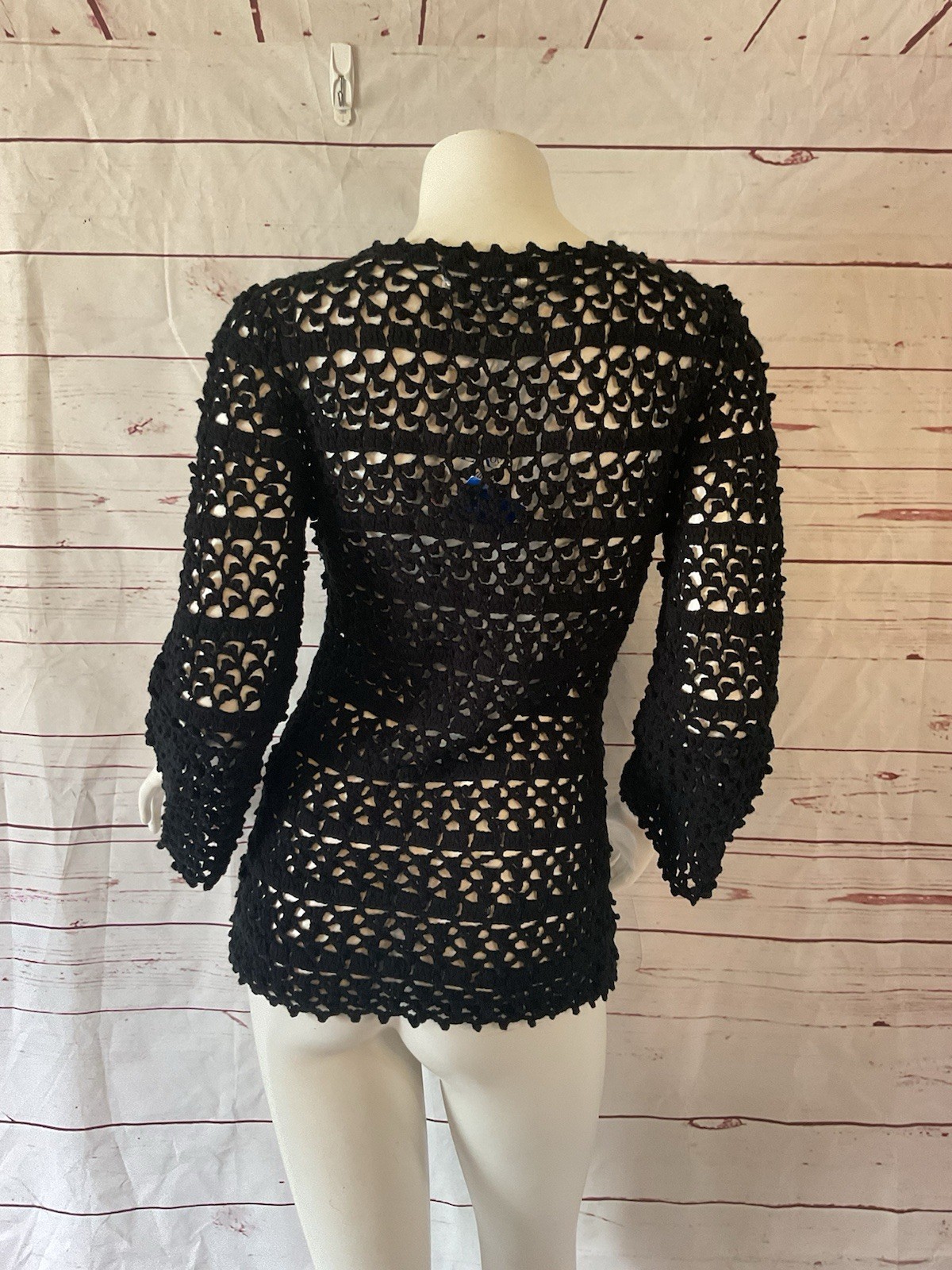 1970s True Vintage Leroy Califorina Black Hippie Crochet Top Bell Sleeve S