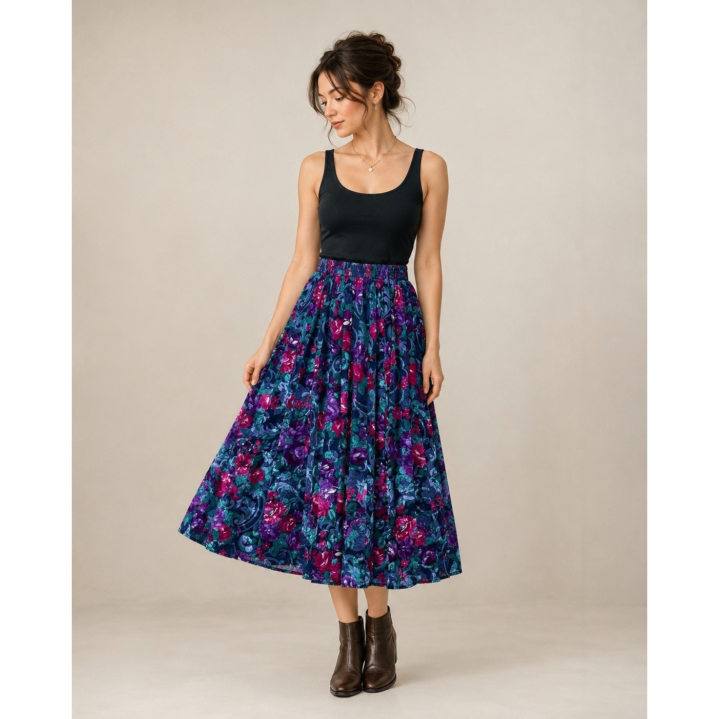 Vintage Floral Pleated Skirt Jewel Tone Rose Print Cottagecore Size 6