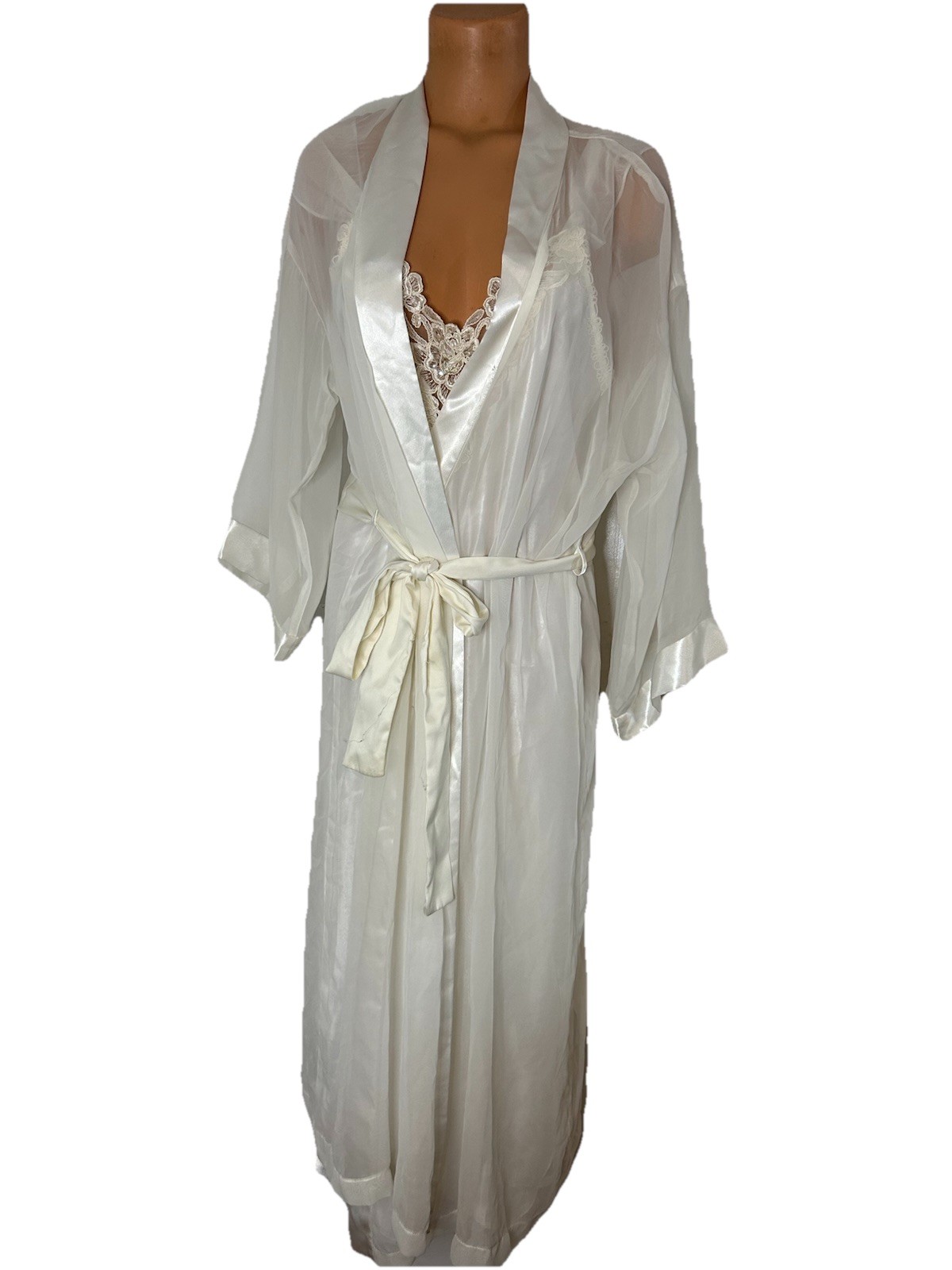 Vtg 90s 2 pc Dentelle White Satin Chiffon Lace Pearls Bridal Nightgown Sz L