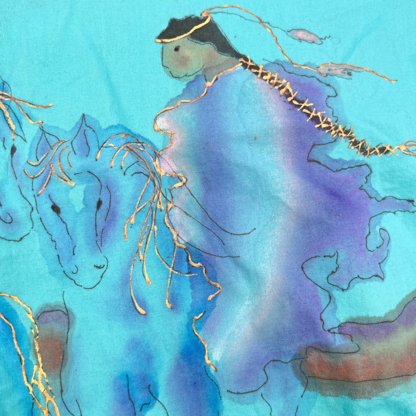 Vintage 80s Cotton Turquoise Blue Hand Painted Native American Watercolor Size L