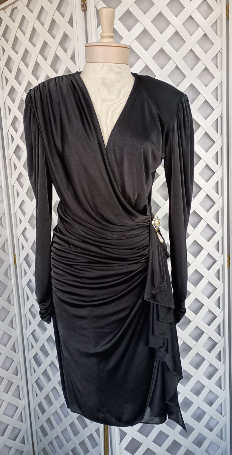 Vtg 80’s Filigree Clubwear Blk Poly Asymmetrical Drape Figure Flattering Dress 8