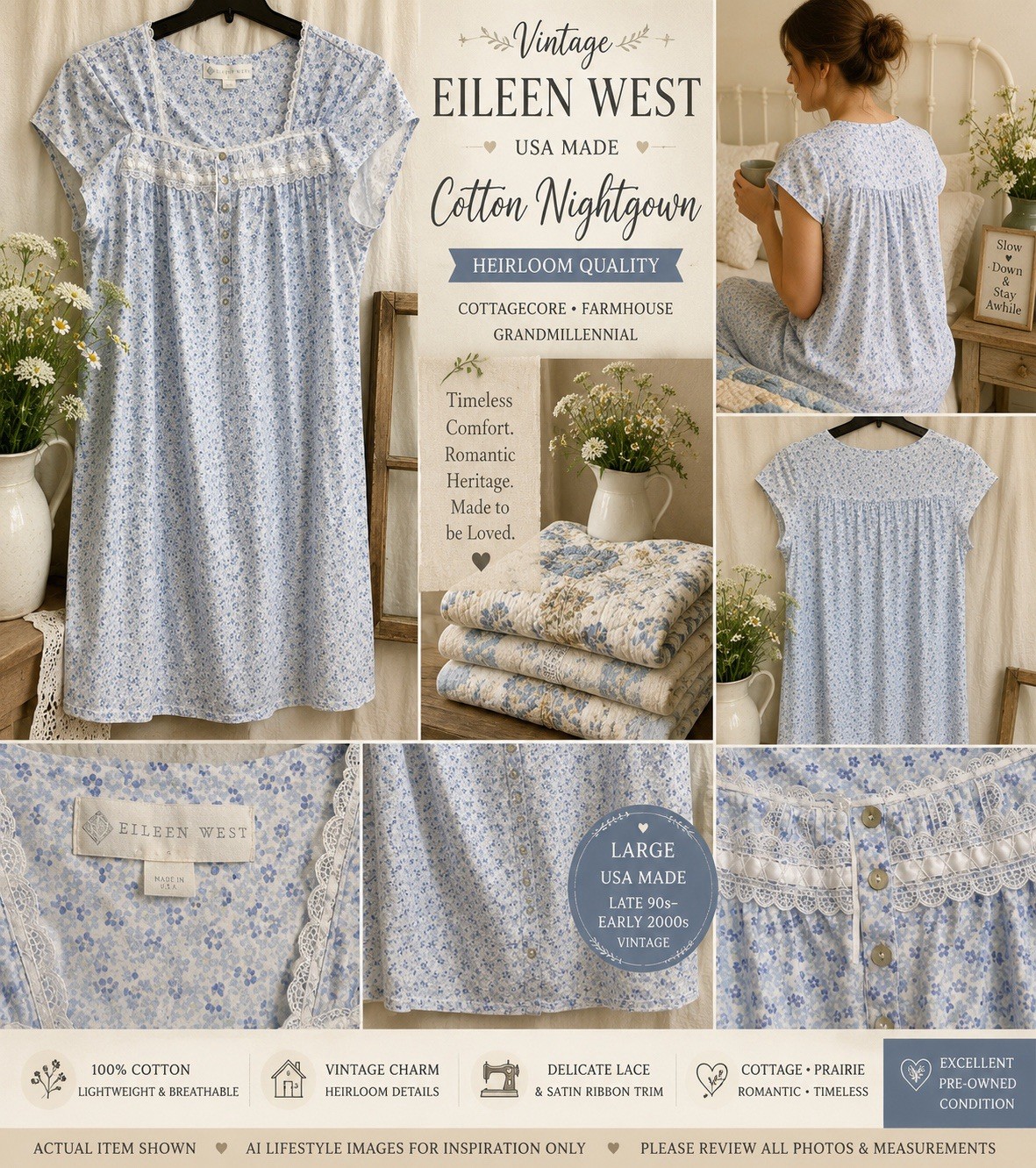 Vtg Eileen West USA Cotton Blue Floral Lace Nightgown L Cottage EUC Farmhouse
