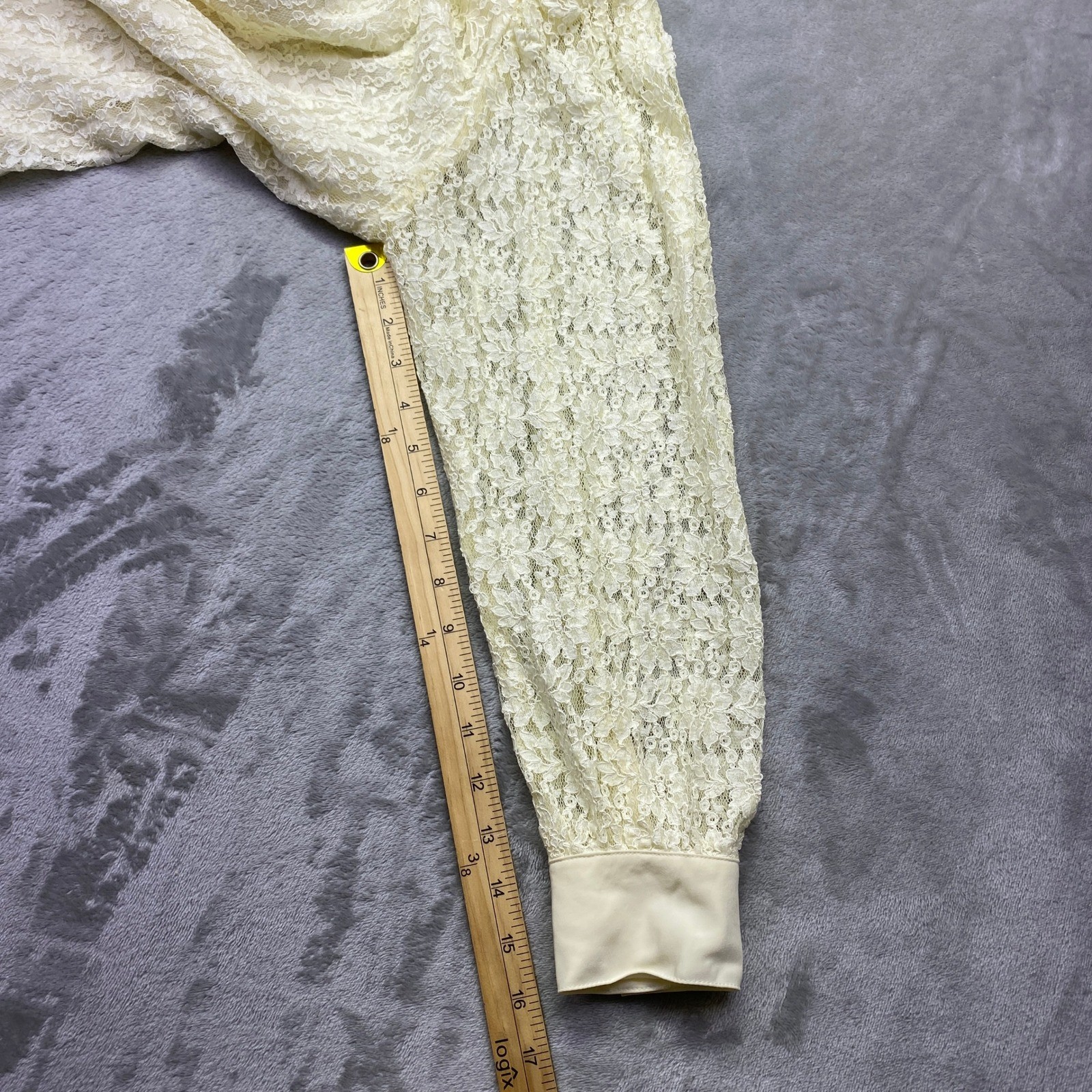 Evan-Picone Vintage Cream Floral Lace Button Up Blouse Size 14 Ivory Long Sleeve