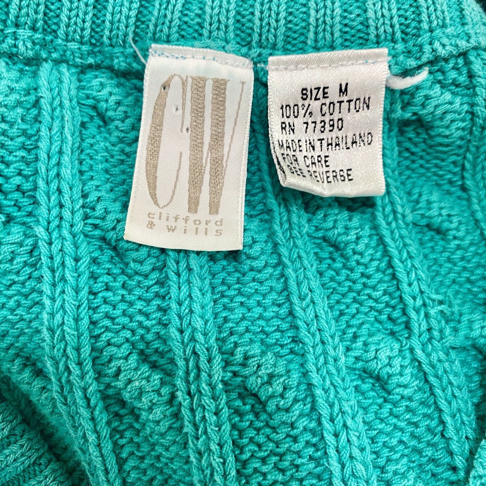 VTG Clifford & Wills Teal Green Cotton Cable Knit V-Neck Sweater Size M