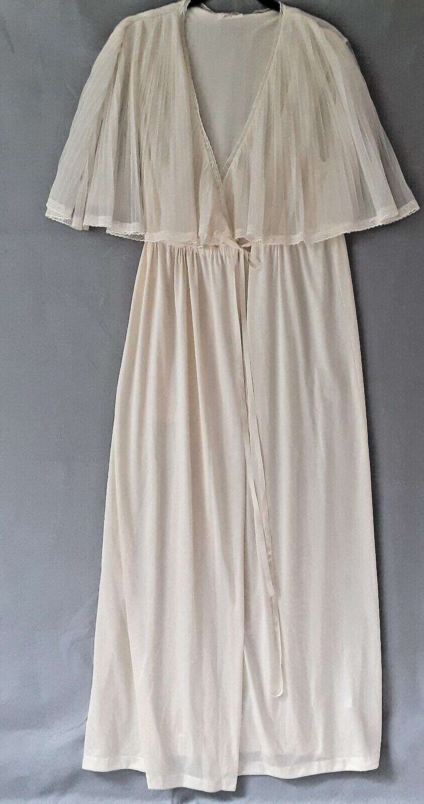 Vtg Ivory Nylon Robe Sz M Sheer Pleated Chiffon Capelet Dressing Gown Jolie Two