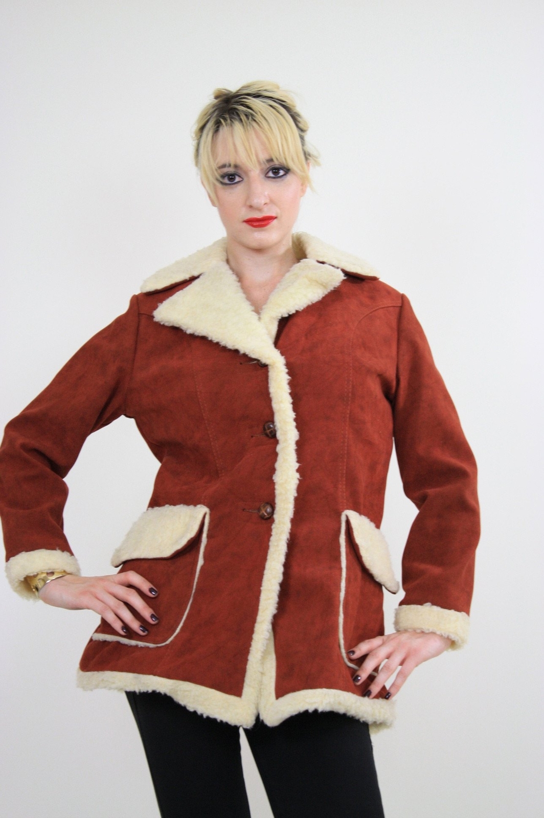 Vintage VTG 70s faux suede leather faux fur Penny Lane Coat