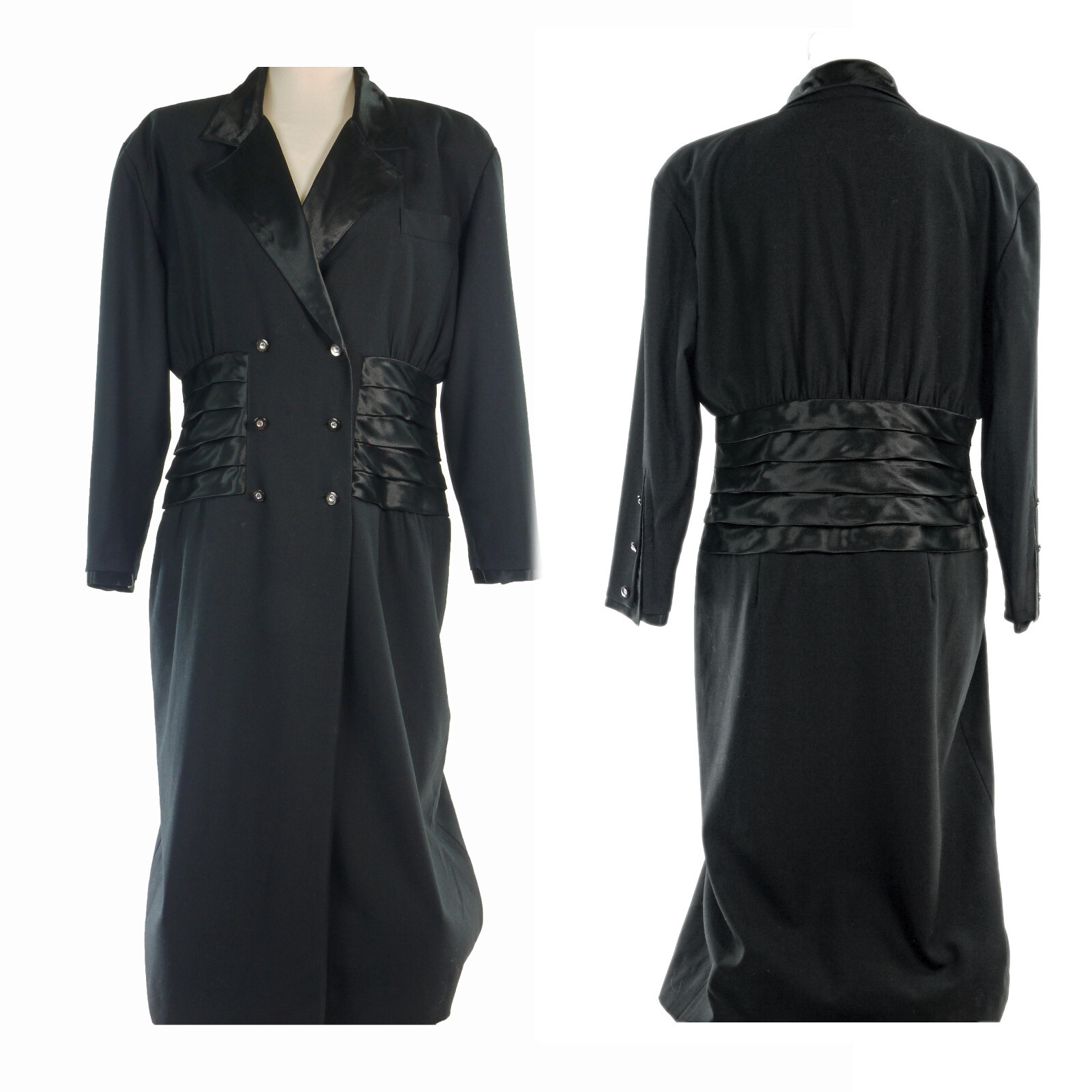 Blk VINTAGE J.TIKTINER Double Breasted Blazer Wool Maxi Dress 44 EU 14 US FRANCE