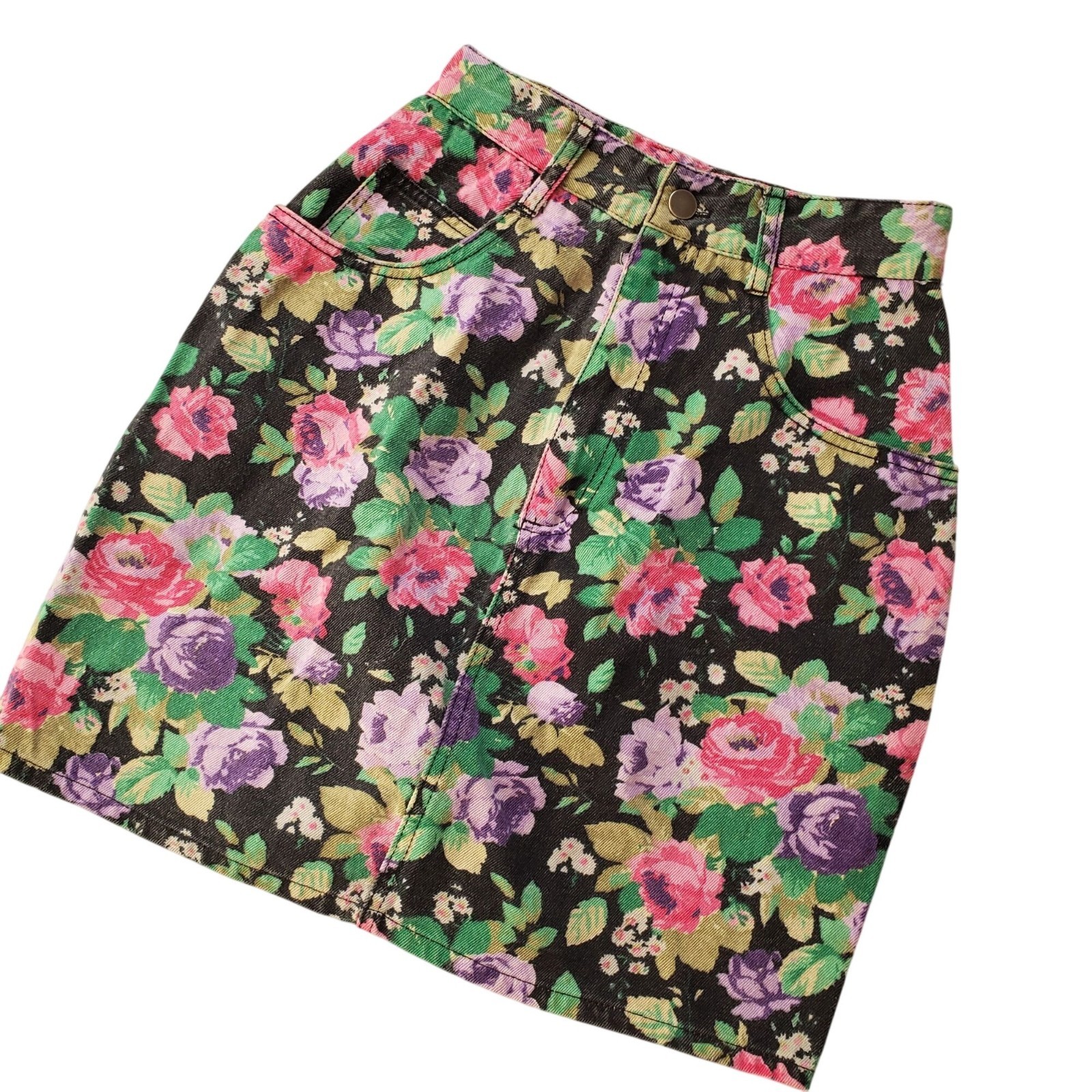 Vintage 80s 90s Floral Denim Skirt XS Breaker Jeans Pinch Waist Retro Mini