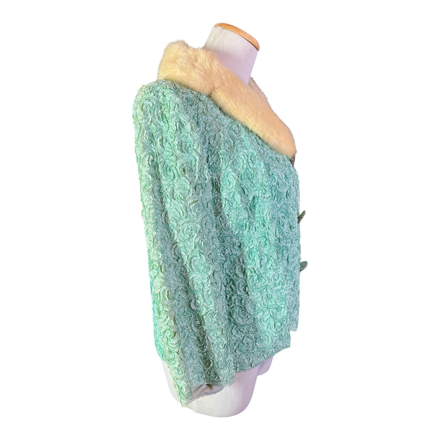 Vintage 1950s Helen of Memphis Costume Room Size 12 Green Jacket Fur Collar