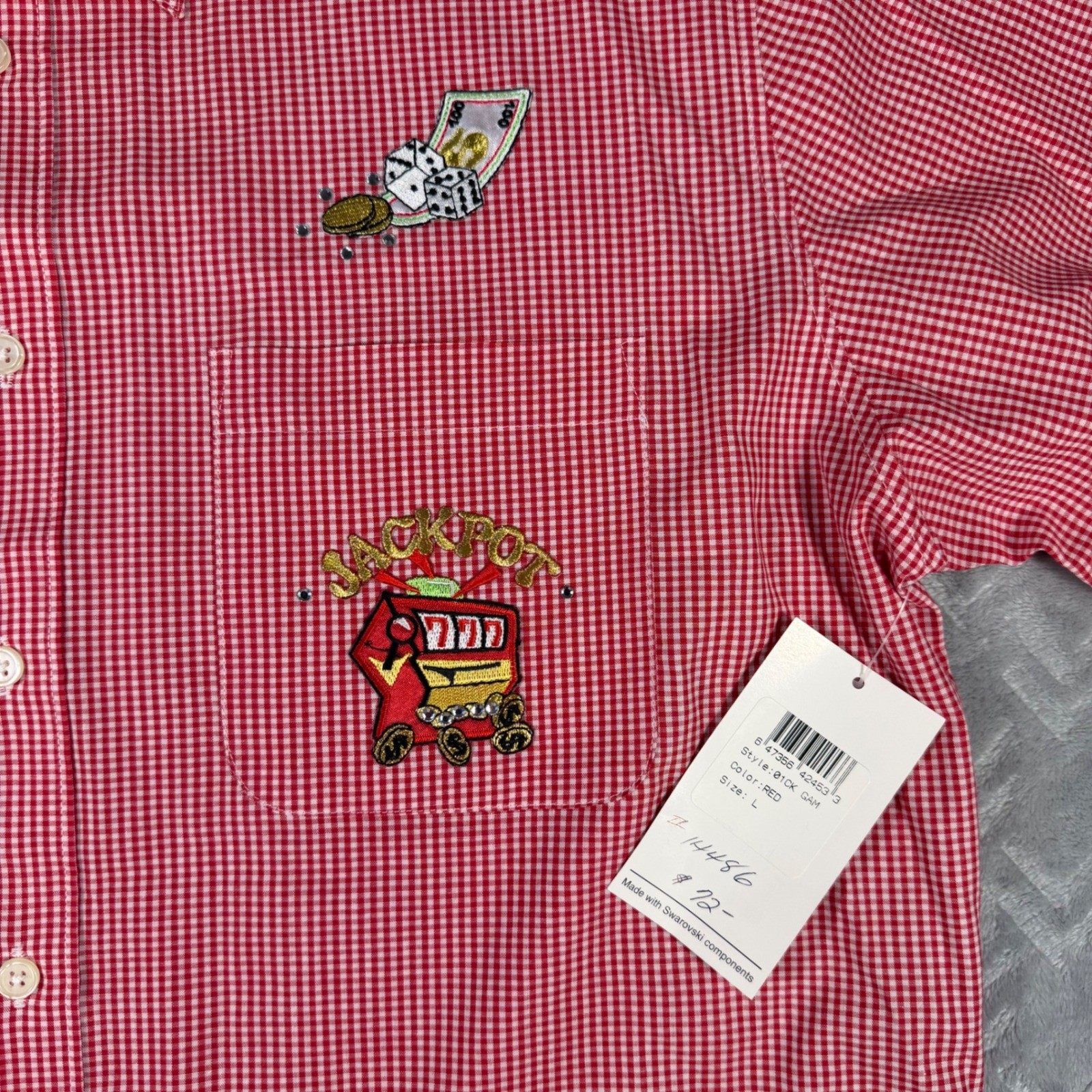 Mili Designs Button Down Shirt Womens L Red Gingham Vintage New Casino Swarovski