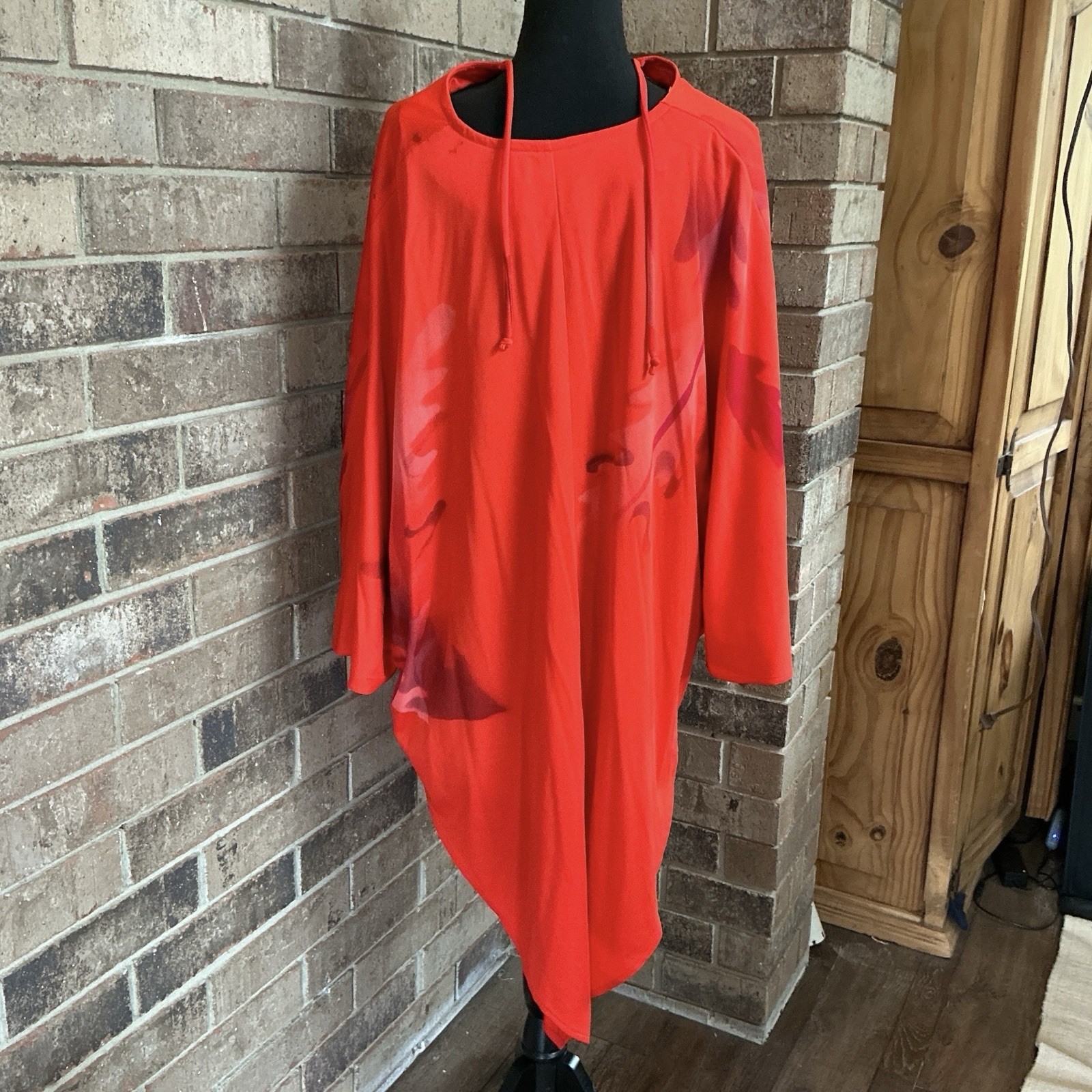 70s VINTAGE Red Orange Floral Poncho Top & Flare Pants 2-Pc Set Size 14 #16D8