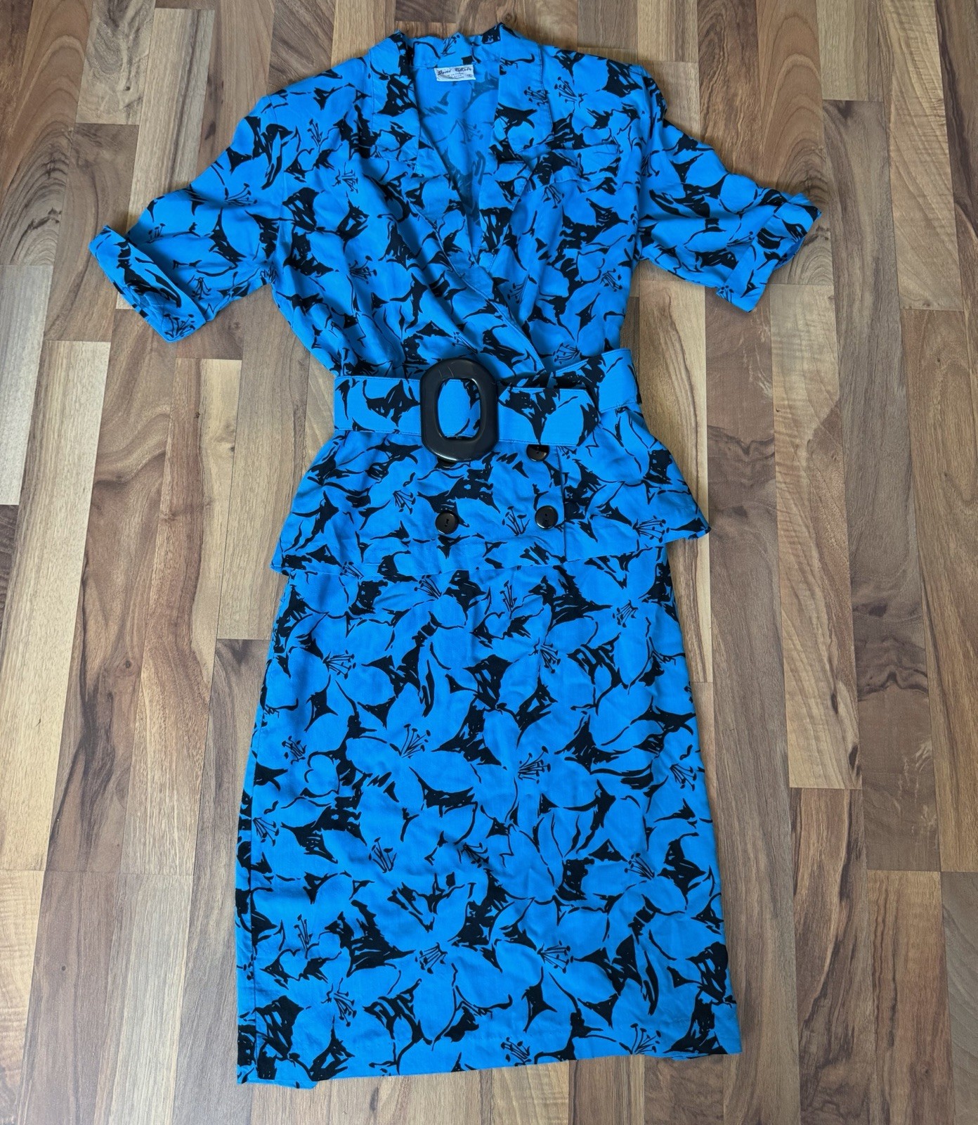 Vintage 80s/90s Peplum Teal Flower Dress Women’s Size 5/6 With Matching Belt