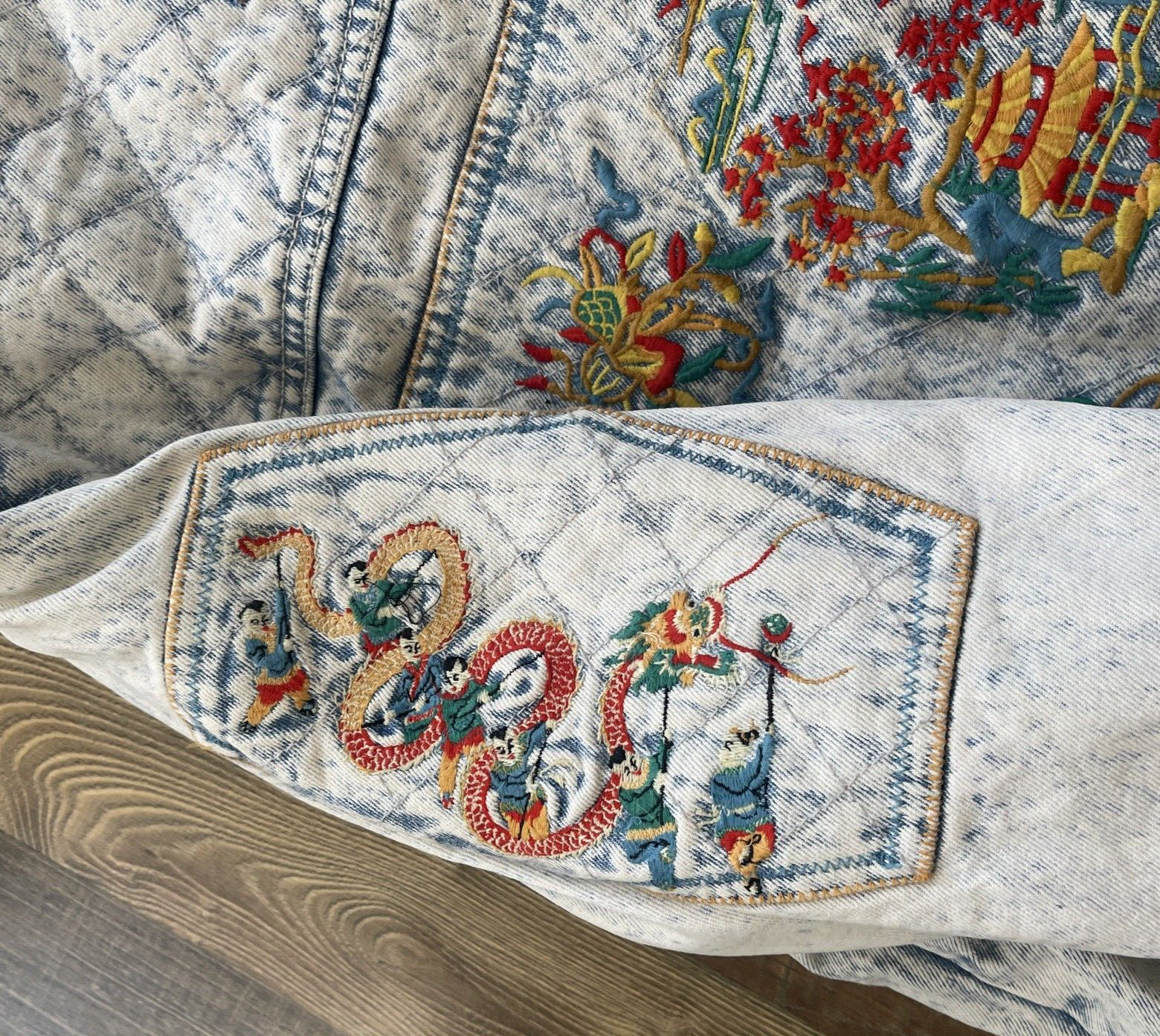 Major Damage Denim Quilted Bomber Jacket Size 1 Acid Wash Vintage