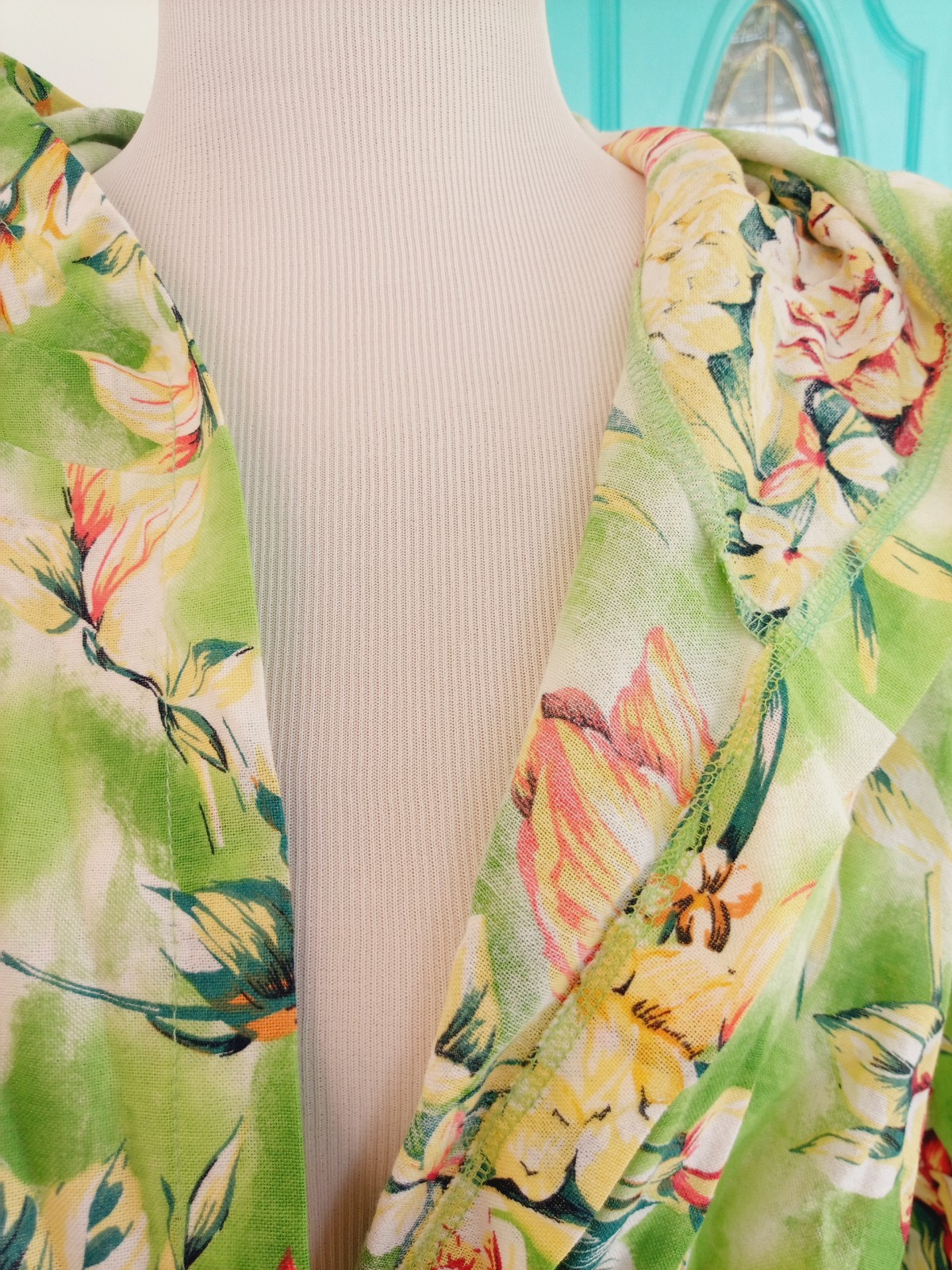 VTG Green Floral Hawaiian Bath Robe w/ Hood LARGE Cotton Barkcloth Tropical USA