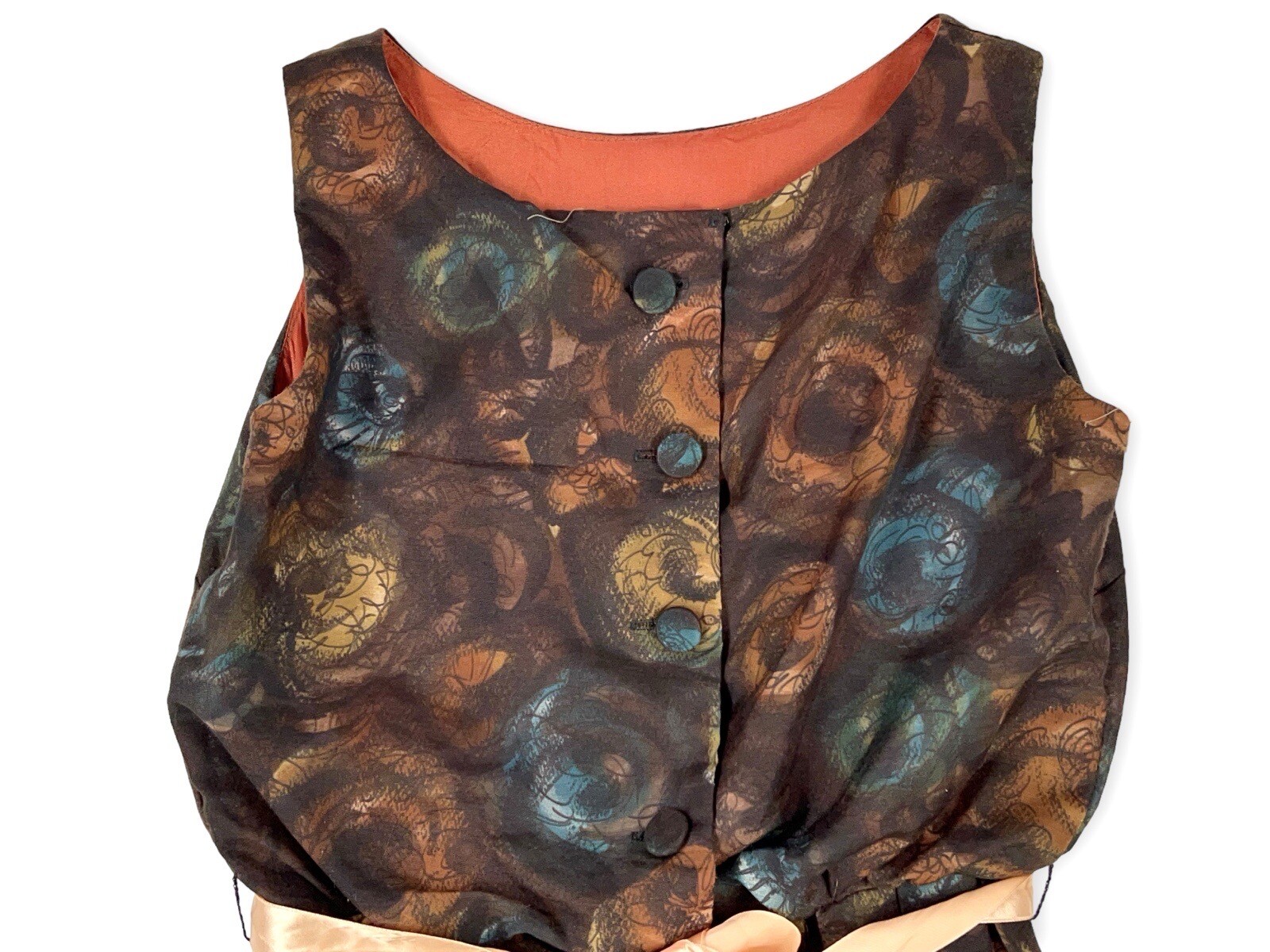 1950S BROWN BLUE FLORAL ABSTRACT NOVELTY DAY DRESS MS MAISEL S