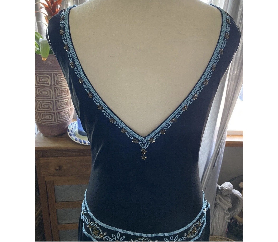 Vtg Vera Chris 100% Silk Bded Flapper Drs Sz 8 Blk Turq Art Deco Gatsby Drop Wai