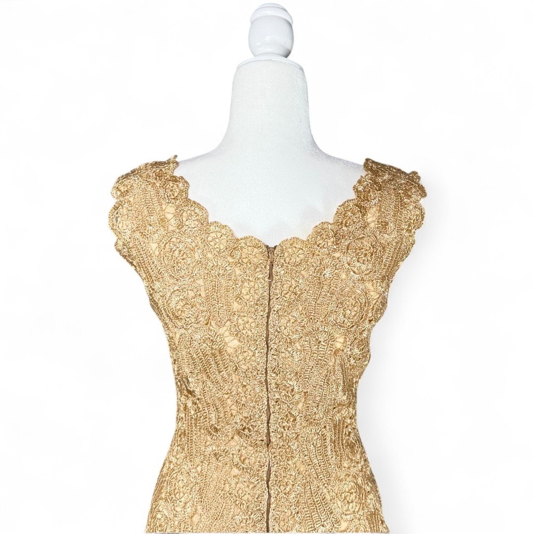 Vtg Raffia Crochet Wiggle Dress Woven Italian Tan Scallop Autumn Wedding Guest S