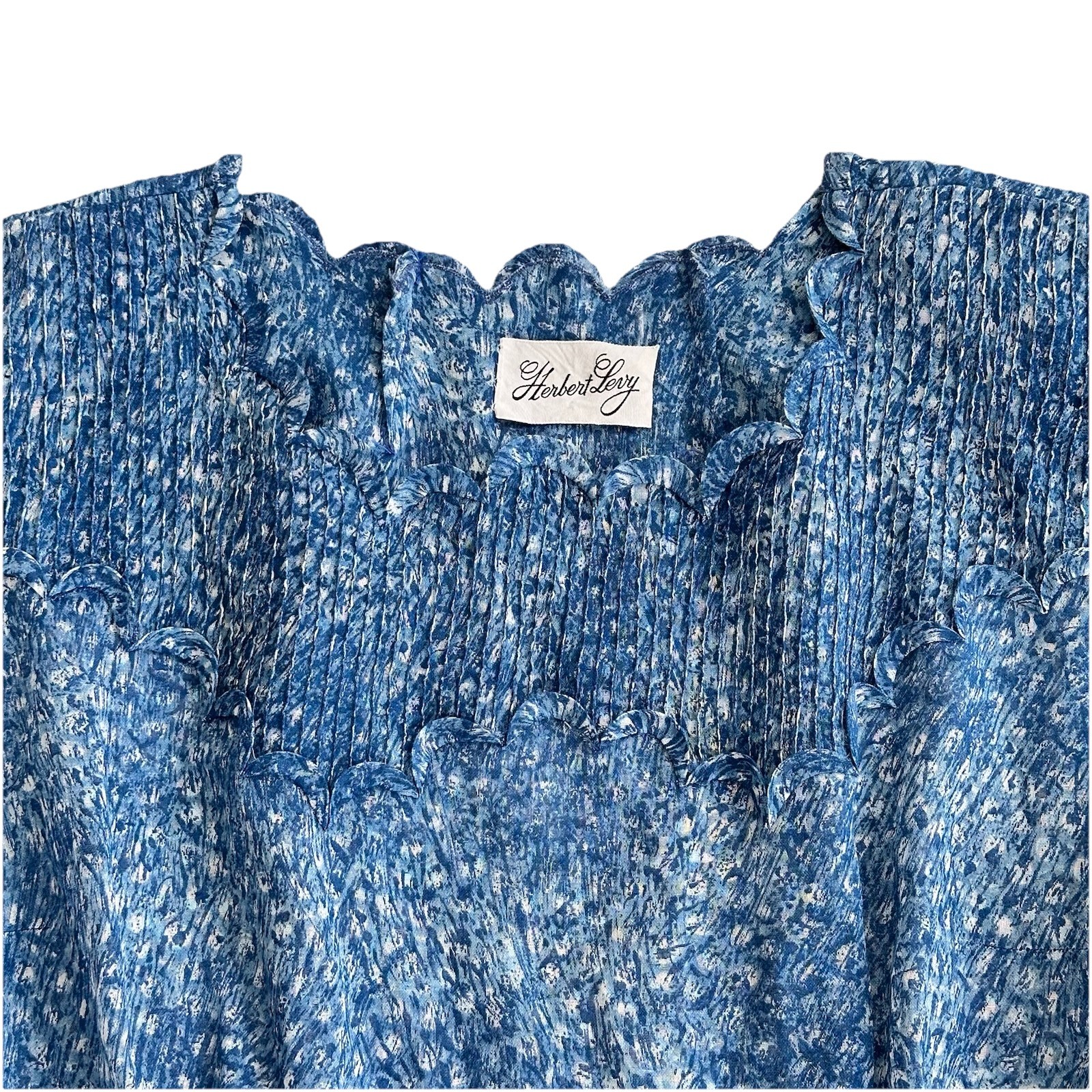 Vintage Herbert Levy Blue Crepe Party Dress Scalloped Neck Pintuck Union Size M*